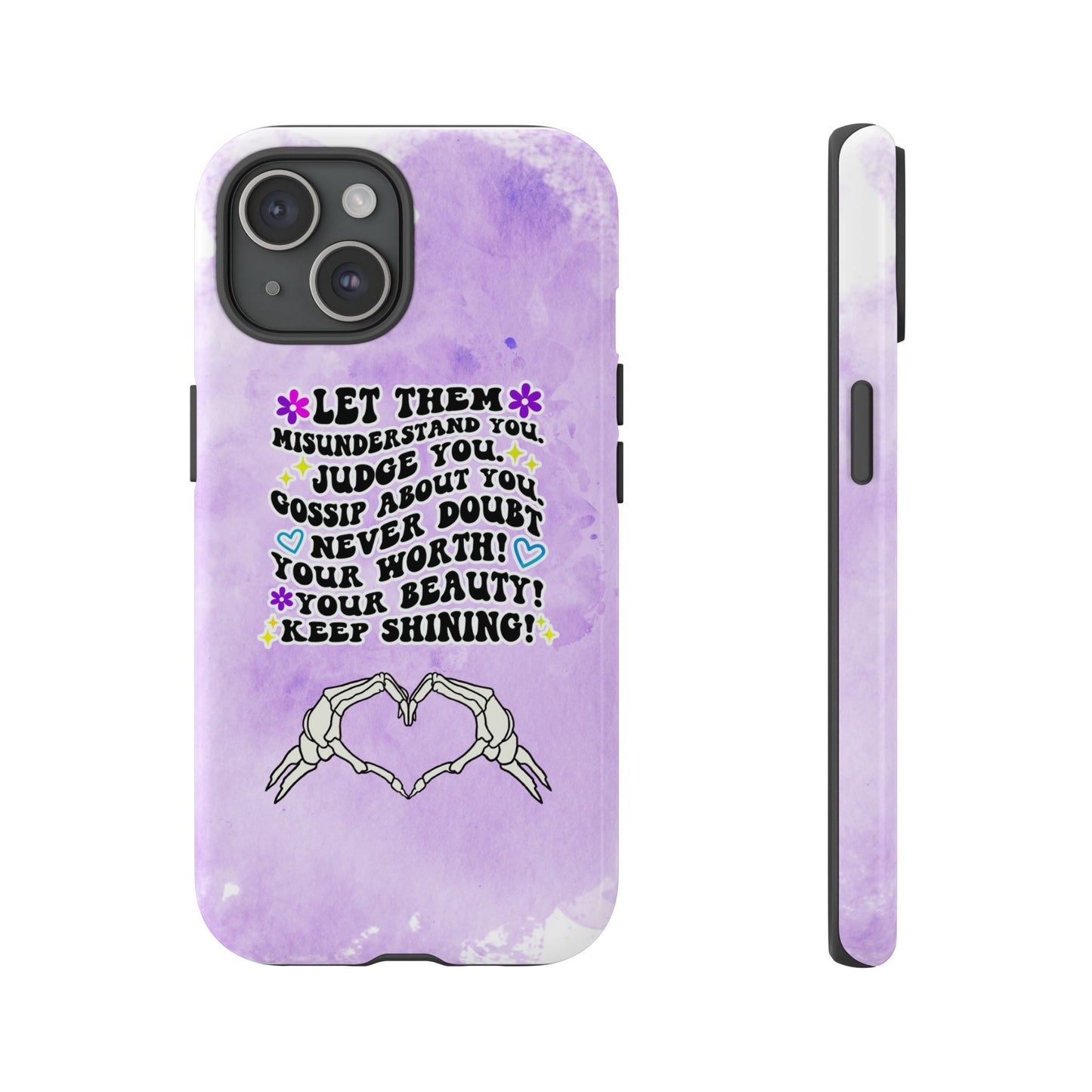 Skeleton Hand Heart Phone Case, Let Them Misunderstand You, Judge You, Gossip About You, Never Doubt Your Worth, Your Beauty Keep Shining Phone Case, Motivational Quote Cover for iPhone, Samsung & Google Pixel White Peach Checkered Pattern Phone Cover