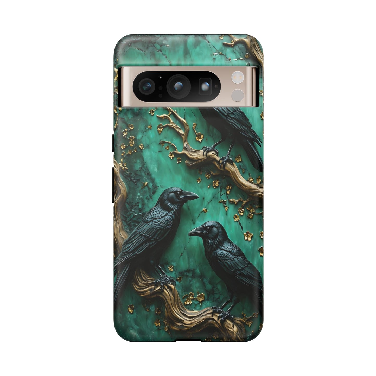 Three Black Ravens Perched On Gold-Accent Branches phone case design