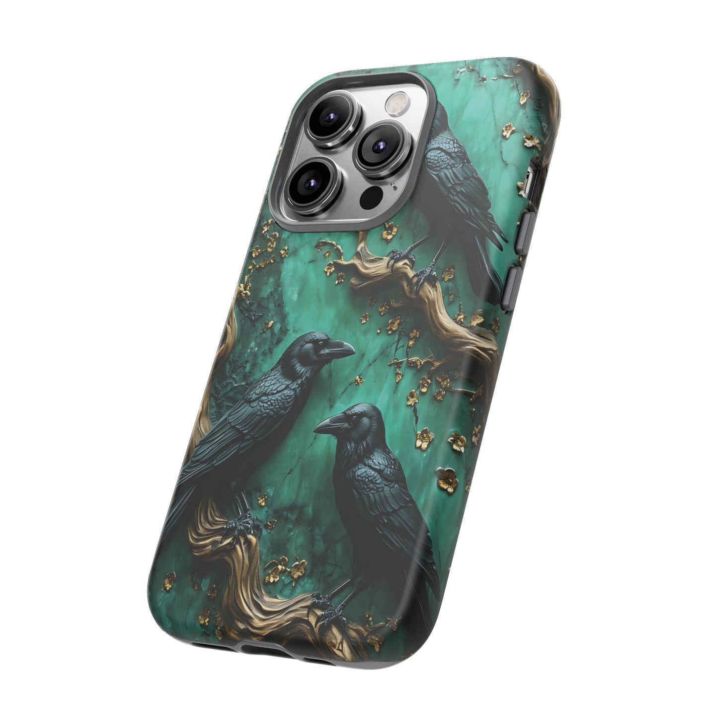 Three Black Ravens Perched On Gold-Accent Branches phone case design