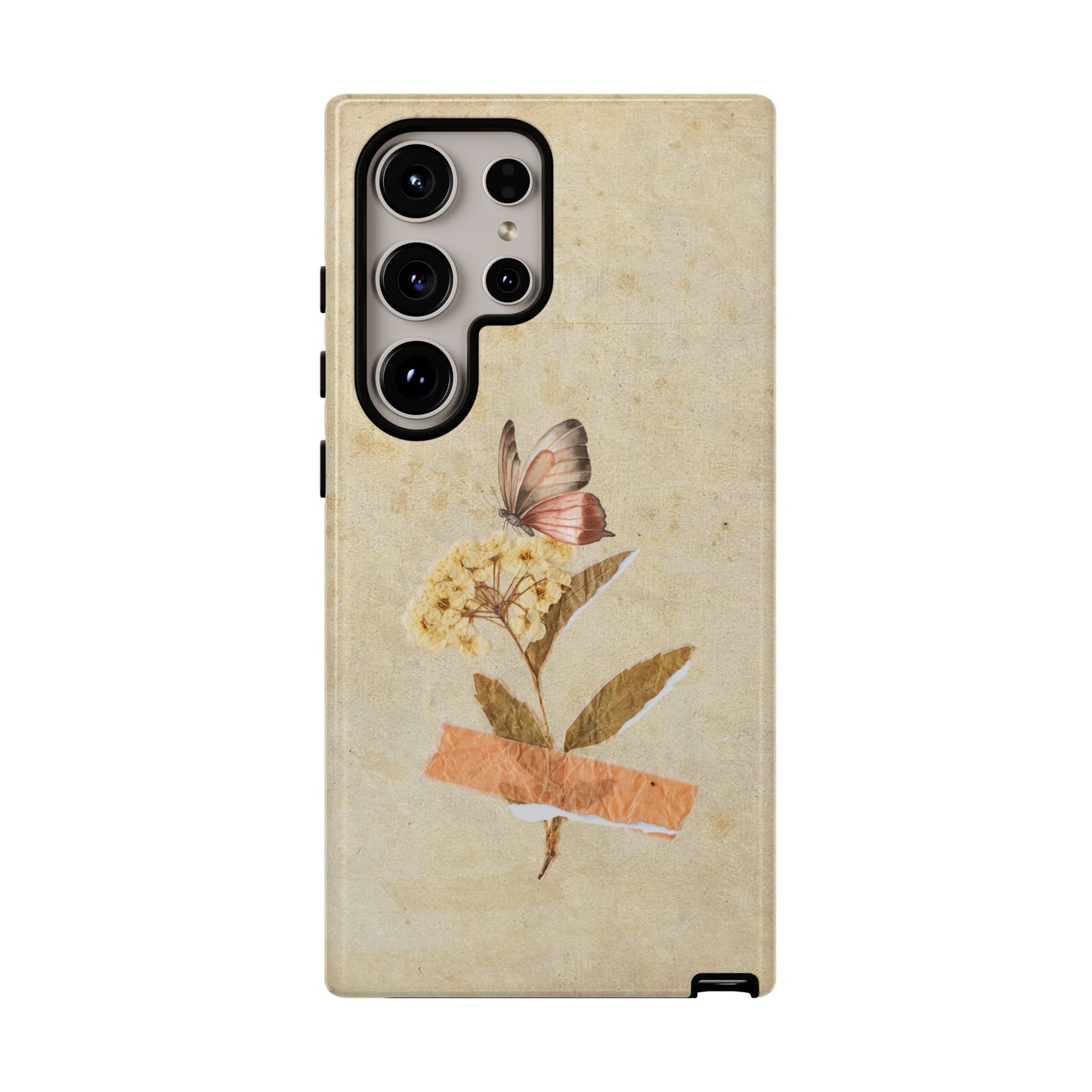 Minimal Vintage Floral Phone Case – Yellow Flower & Butterfly on Beige | For iPhone, Samsung & Google Pixel
