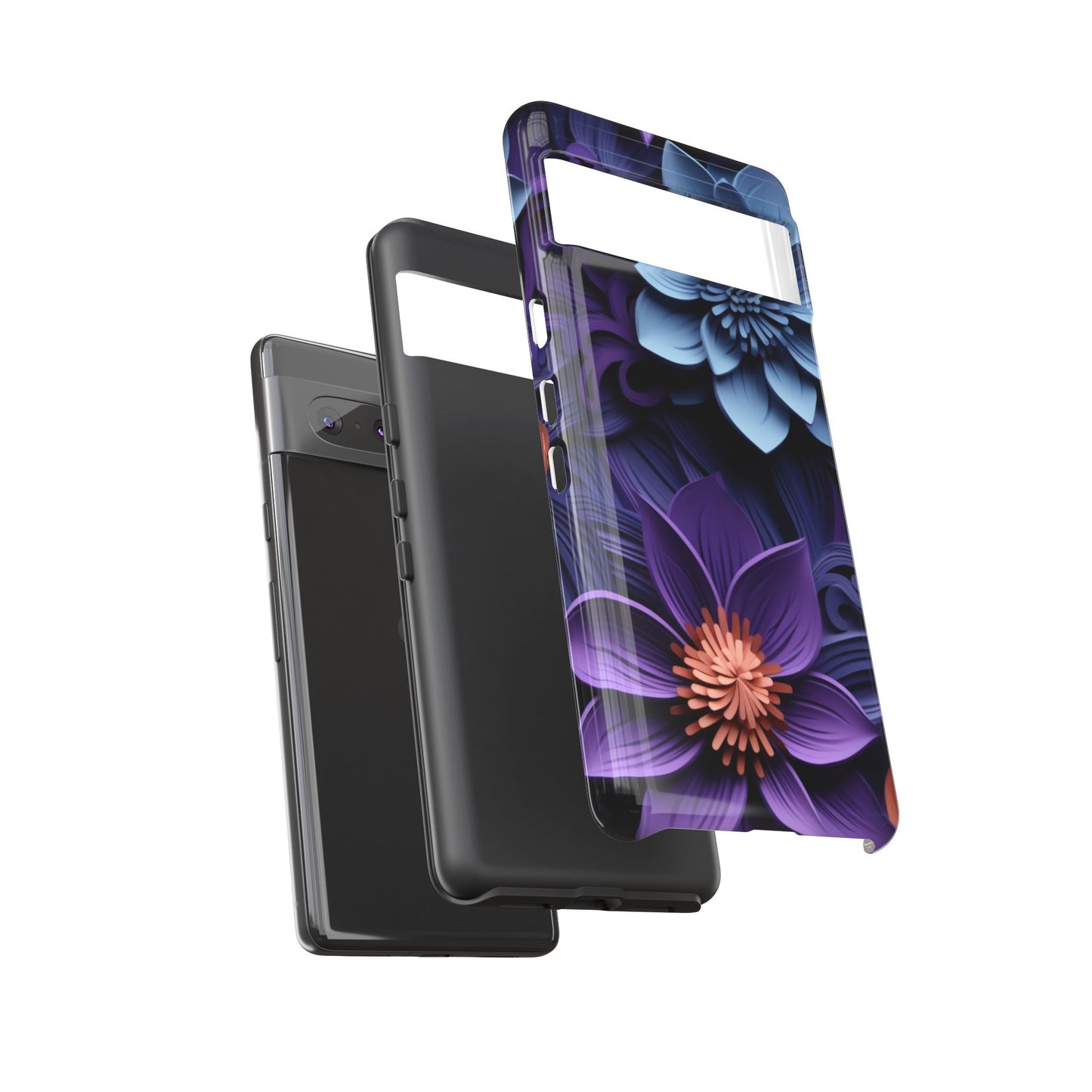 3D Floral Elegance Mobile Case – Midnight Blue & Purple Bloom