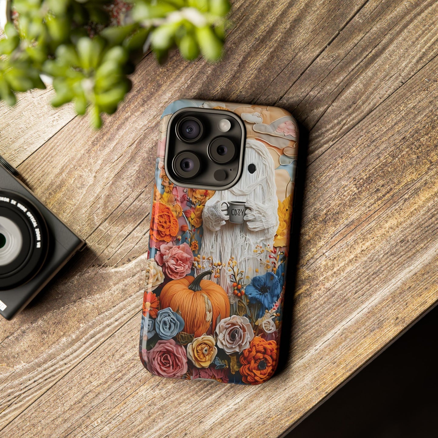 Colorful Whimsical Artwork of Ghost in Autumn Scene phone case design.