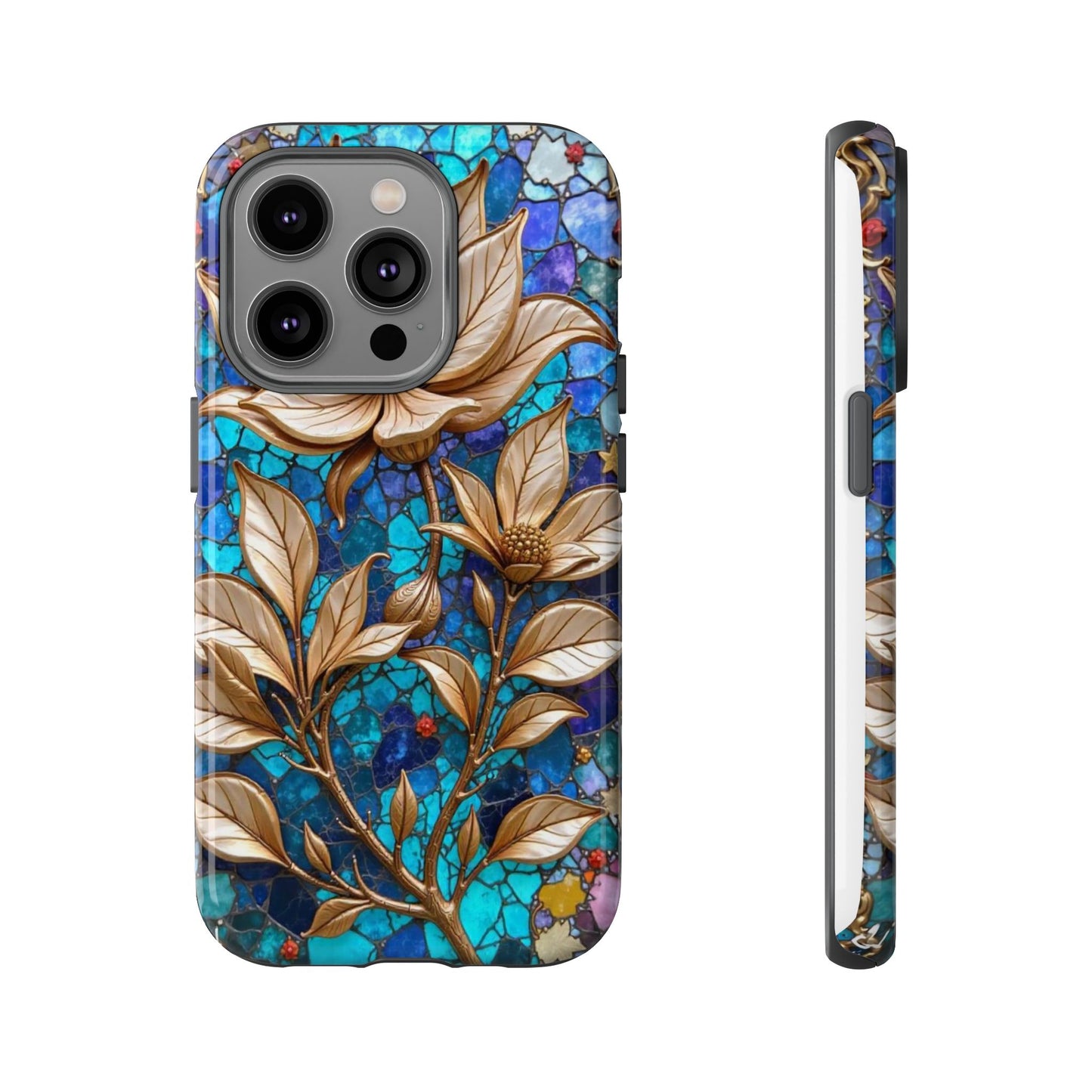 Golden Blossoms on Mosaic Blue Elegance