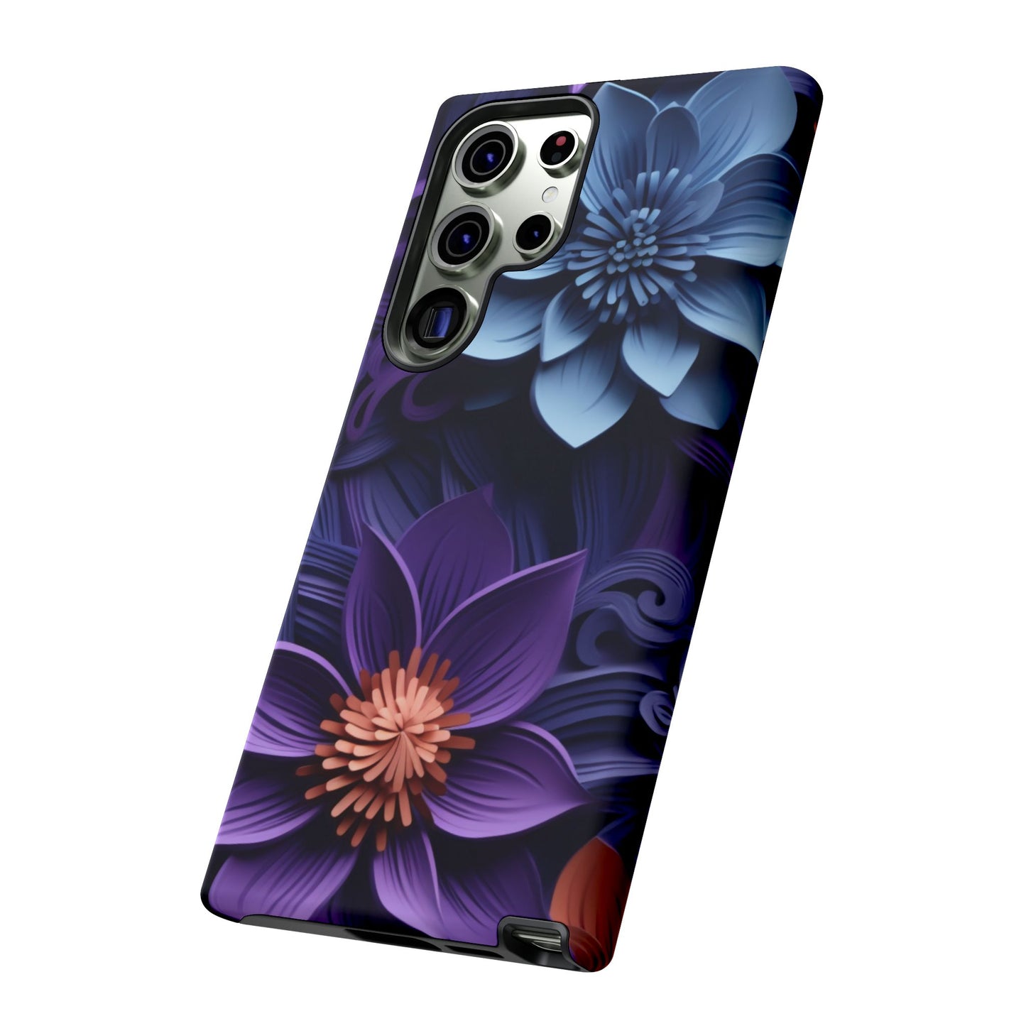 3D Floral Elegance Mobile Case – Midnight Blue & Purple Bloom