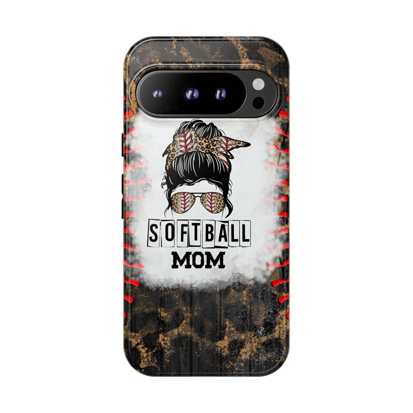 Softball Mom Phone Case for iPhone, Samsung & Google Pixel, Messy Bun Phone Case, Leopard Print Phone Case, Sports Lover Gift