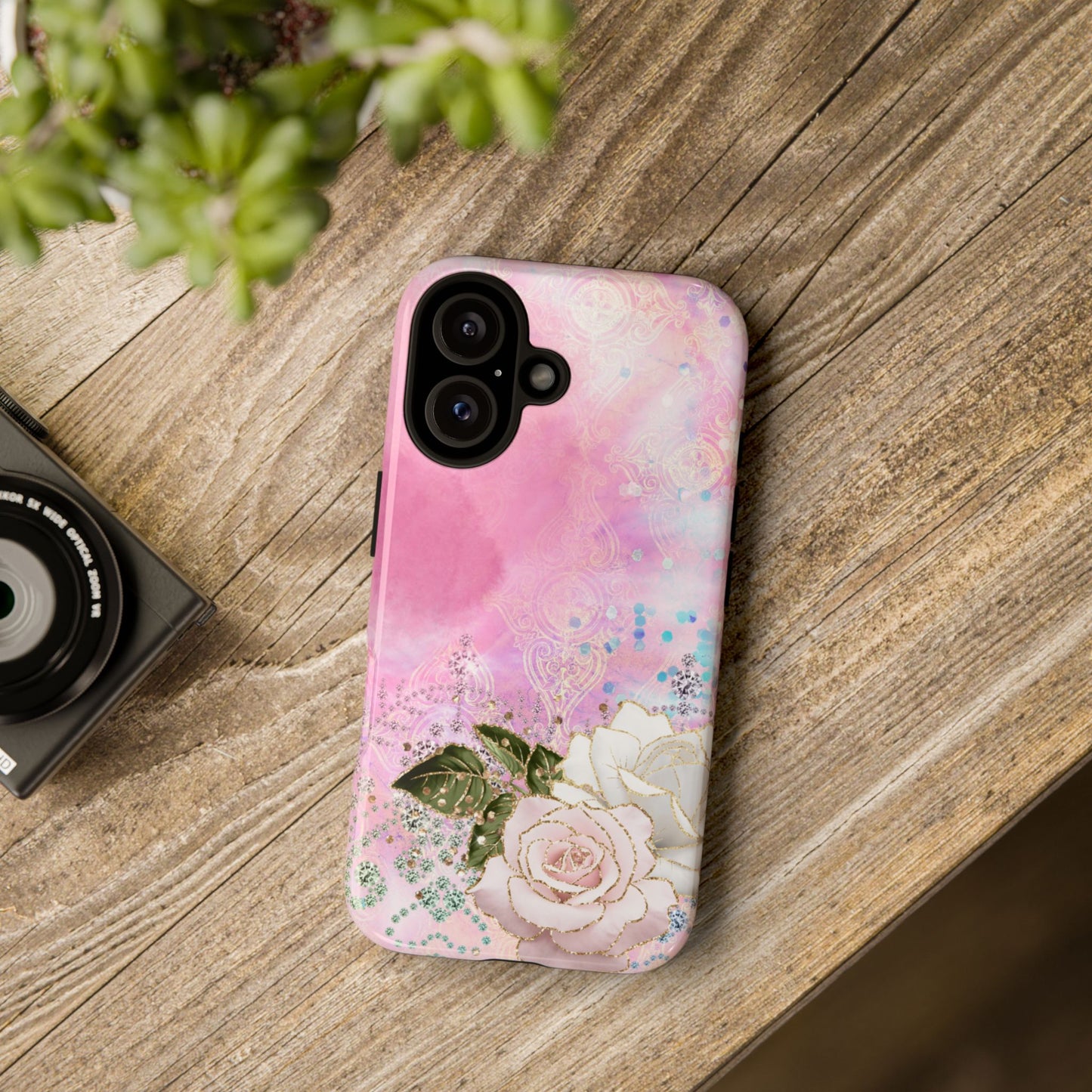 Luxury Pink & White Rose Glitter Mobile Case – Elegant & Shimmering Design