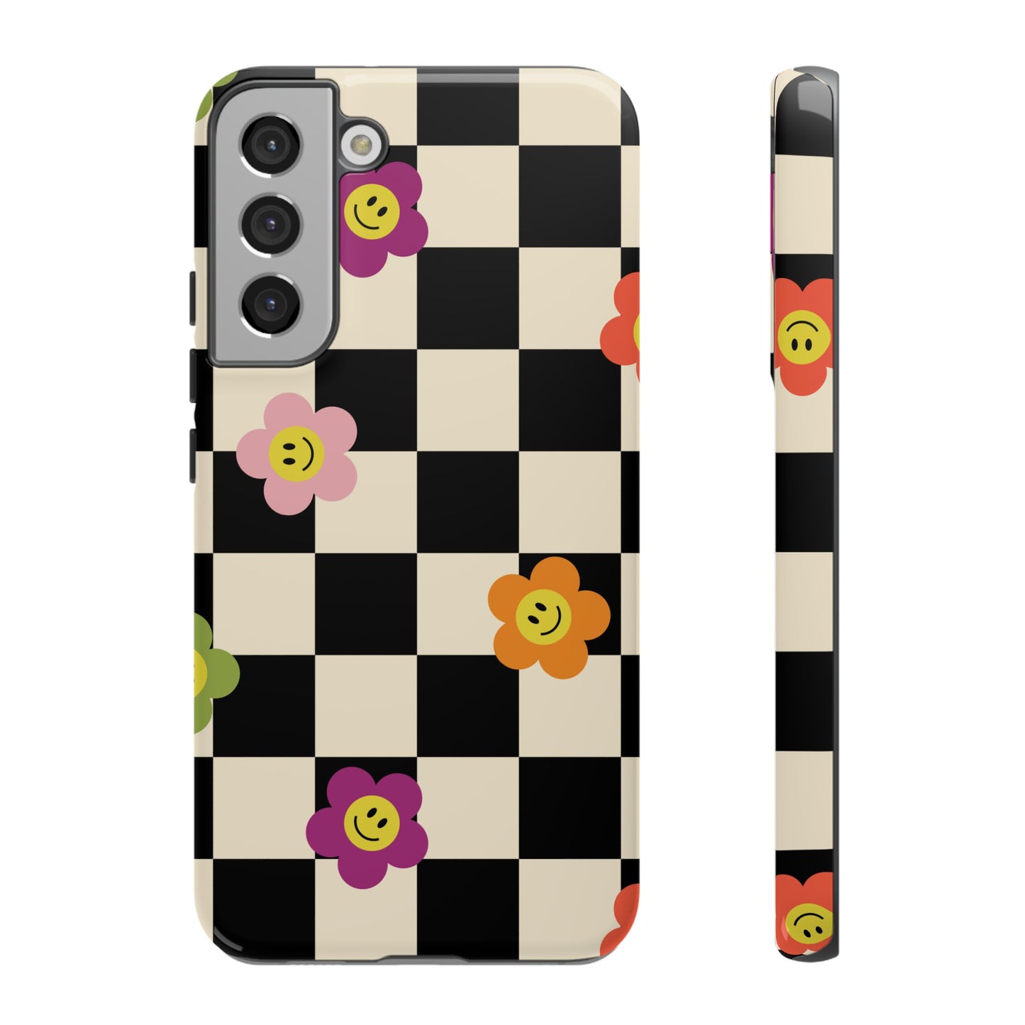 Retro Floral Phone Case – Vintage Flowers on Black & Beige Tiles, Chess Phone Case | For iPhone, Samsung & Google Pixel
