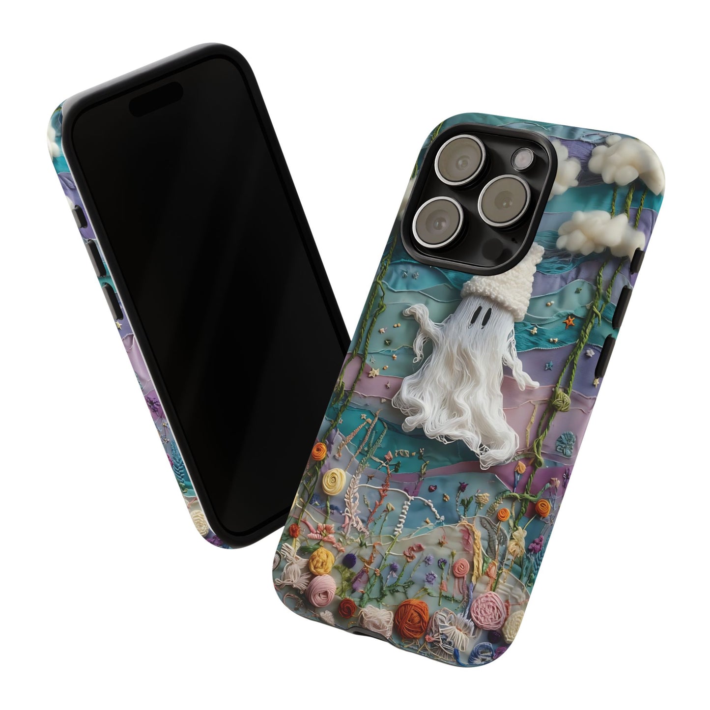 Whimsical Ghost Surrounded By Vibrant Embroidered Flowers phone case design.