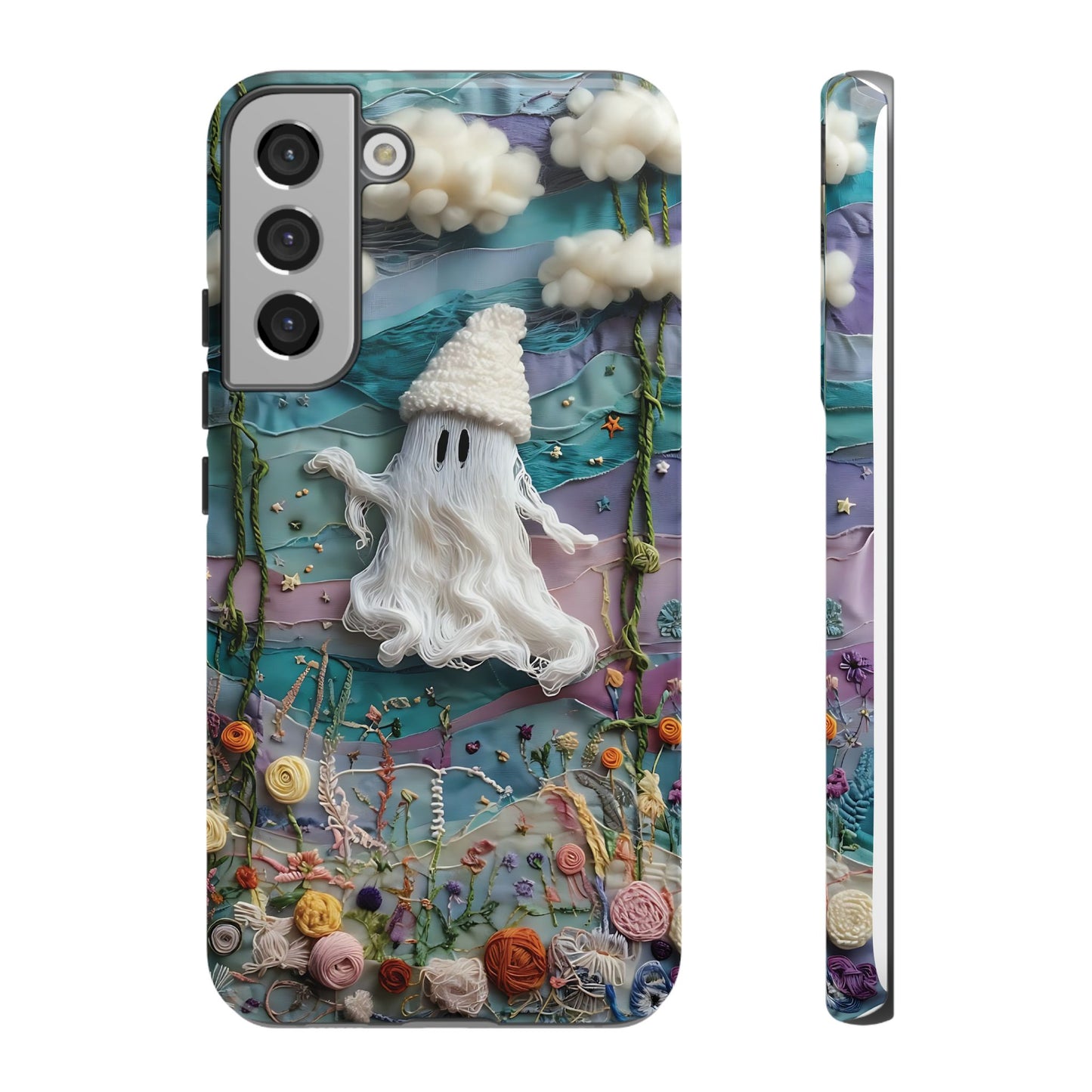 Whimsical Ghost Surrounded By Vibrant Embroidered Flowers phone case design.