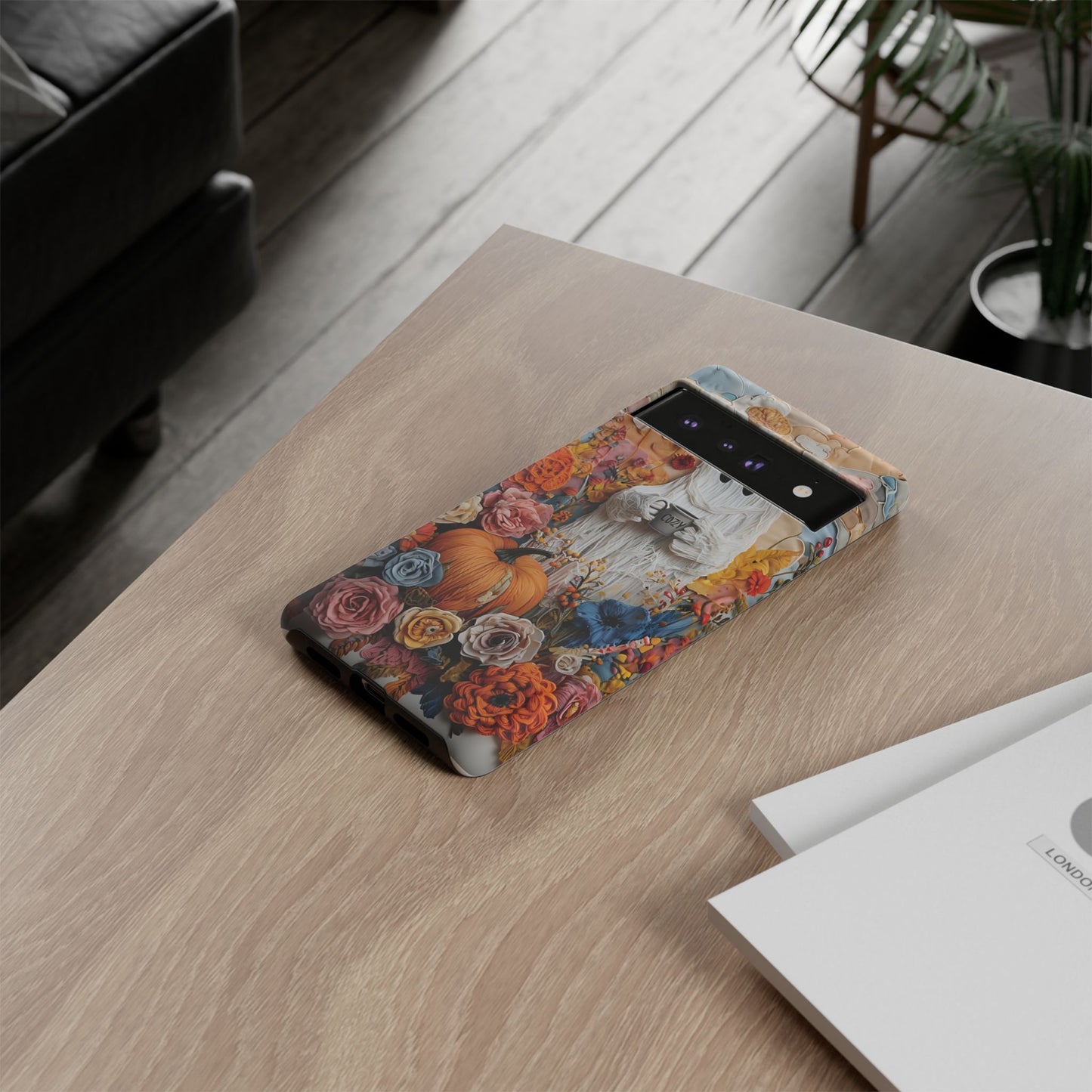 Colorful Whimsical Artwork of Ghost in Autumn Scene phone case design.