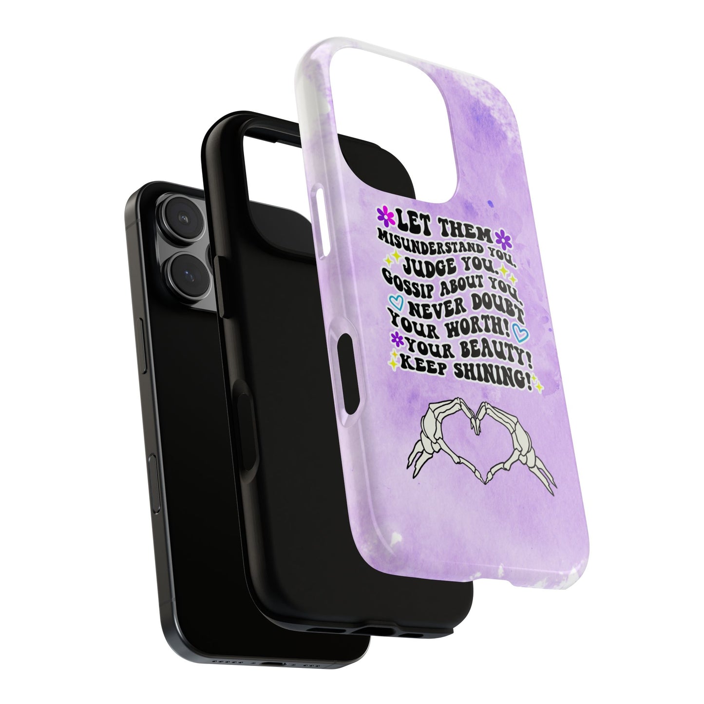 Skeleton Hand Heart Phone Case, Let Them Misunderstand You, Judge You, Gossip About You, Never Doubt Your Worth, Your Beauty Keep Shining Phone Case, Motivational Quote Cover for iPhone, Samsung & Google Pixel White Peach Checkered Pattern Phone Cover