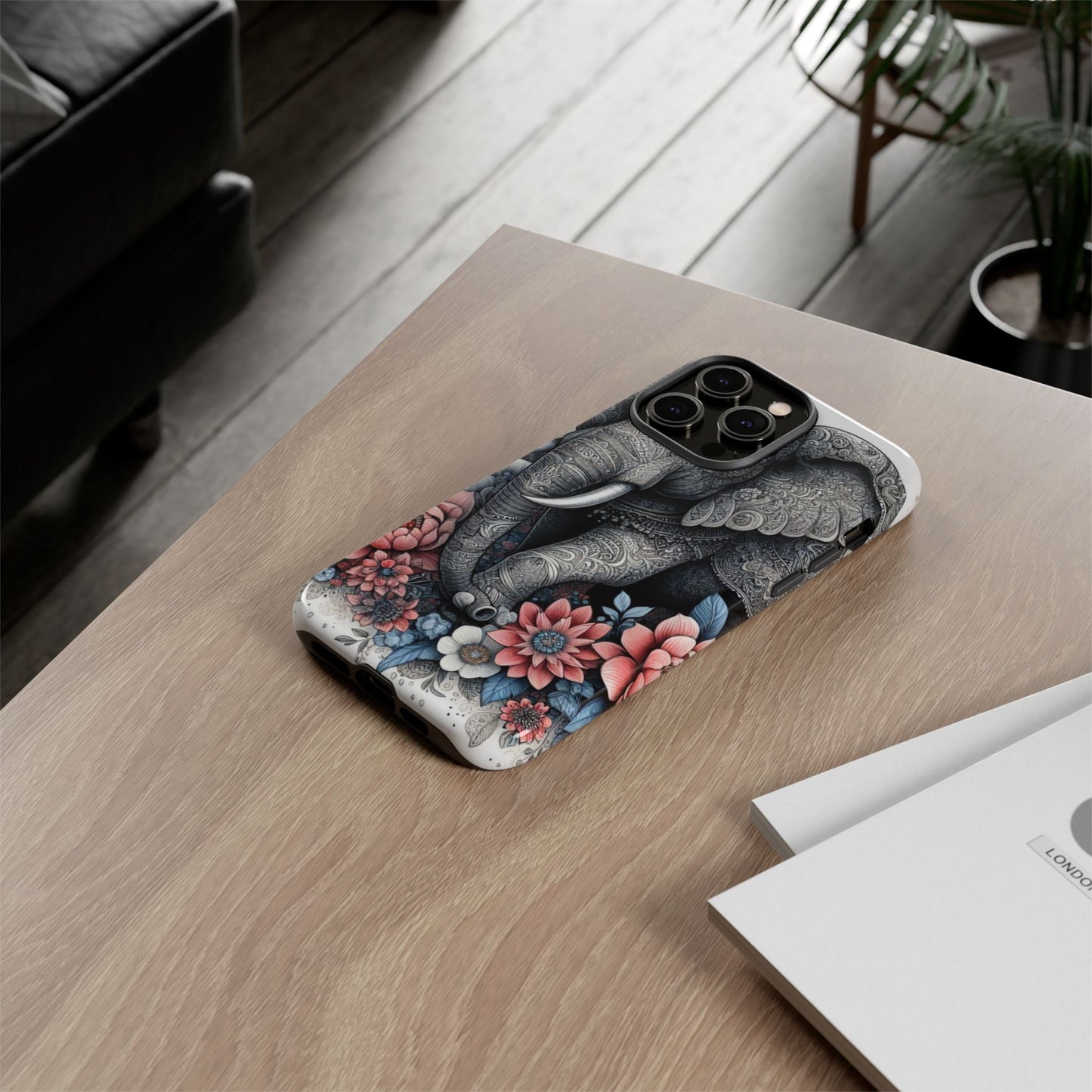 Mandala Elephant Mobile Cover – Elegant Black & White Floral Art