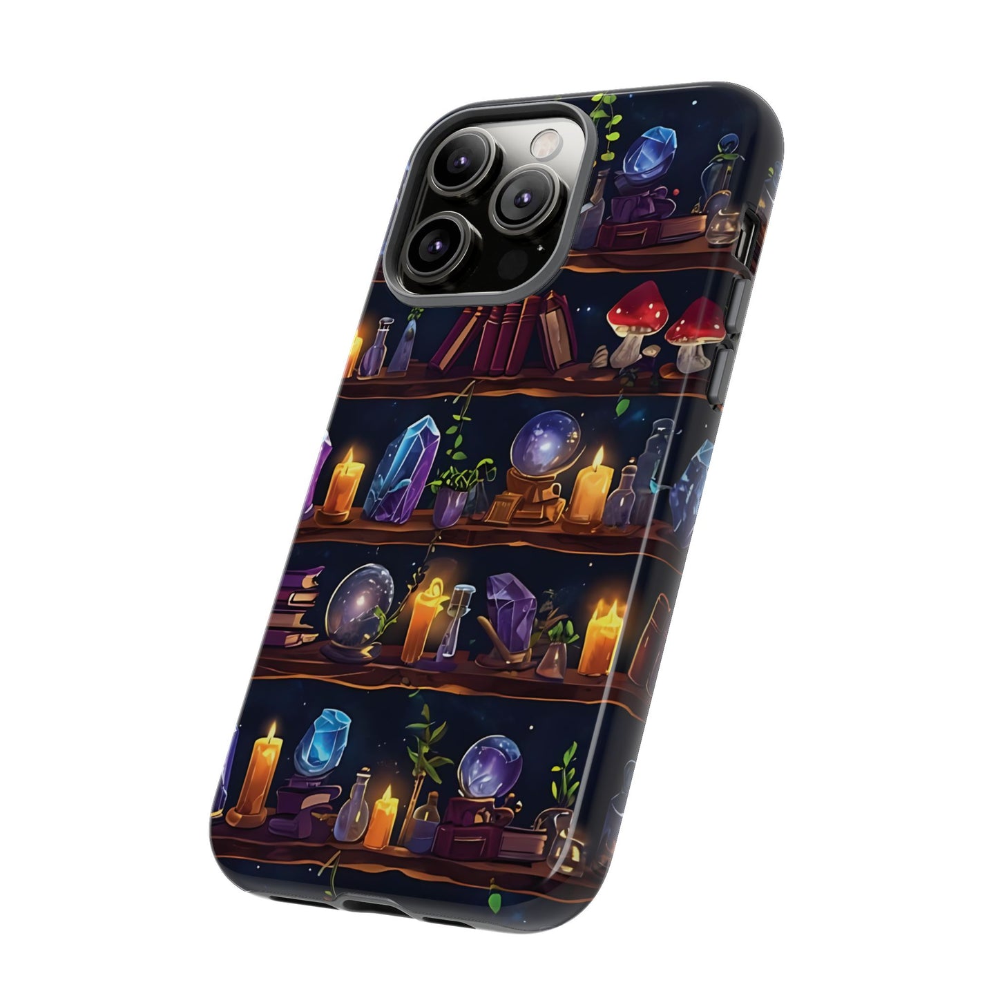 Fantasy Seamless Pattern Of Wooden Shelves Filled With Mystical Items phone case design.