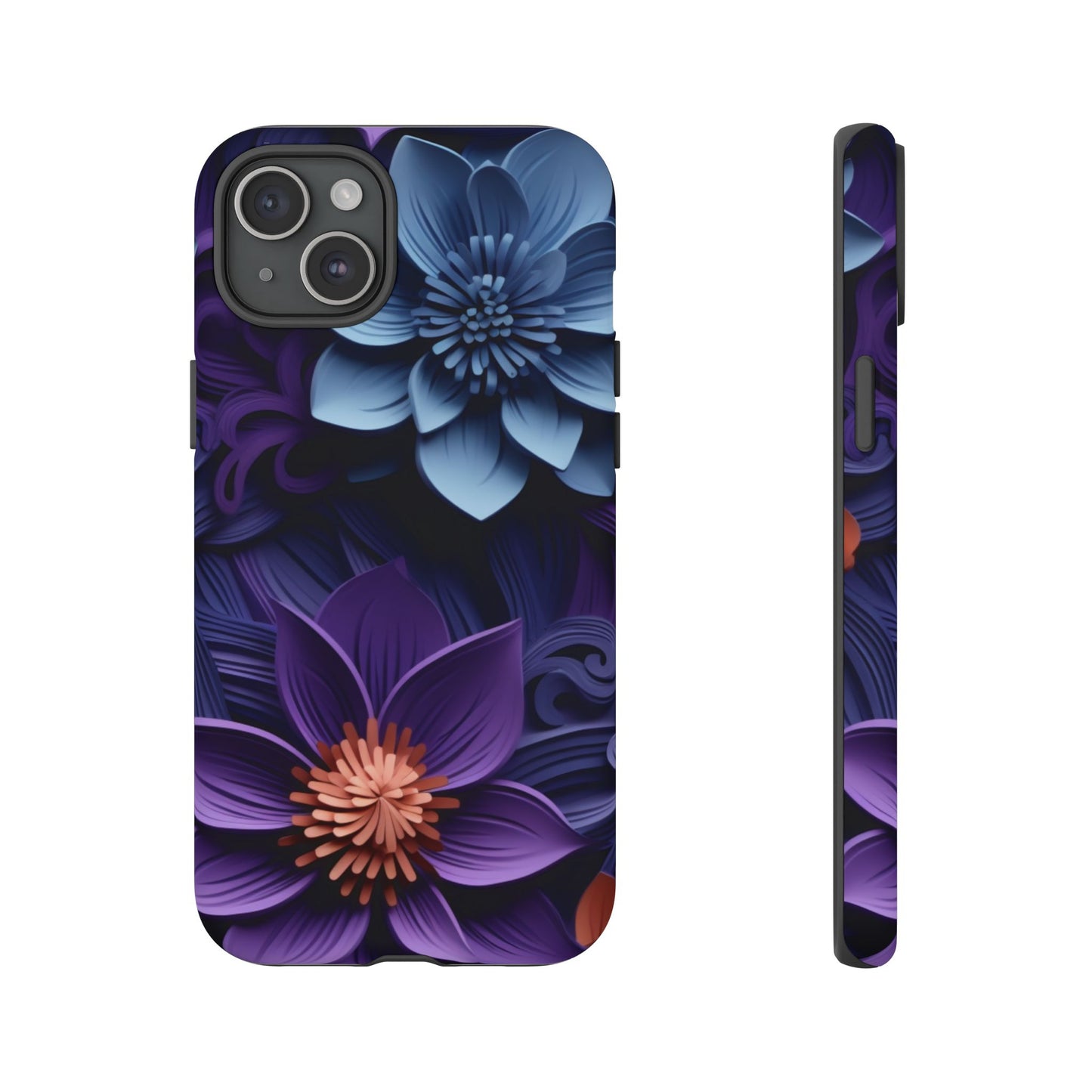 3D Floral Elegance Mobile Case – Midnight Blue & Purple Bloom