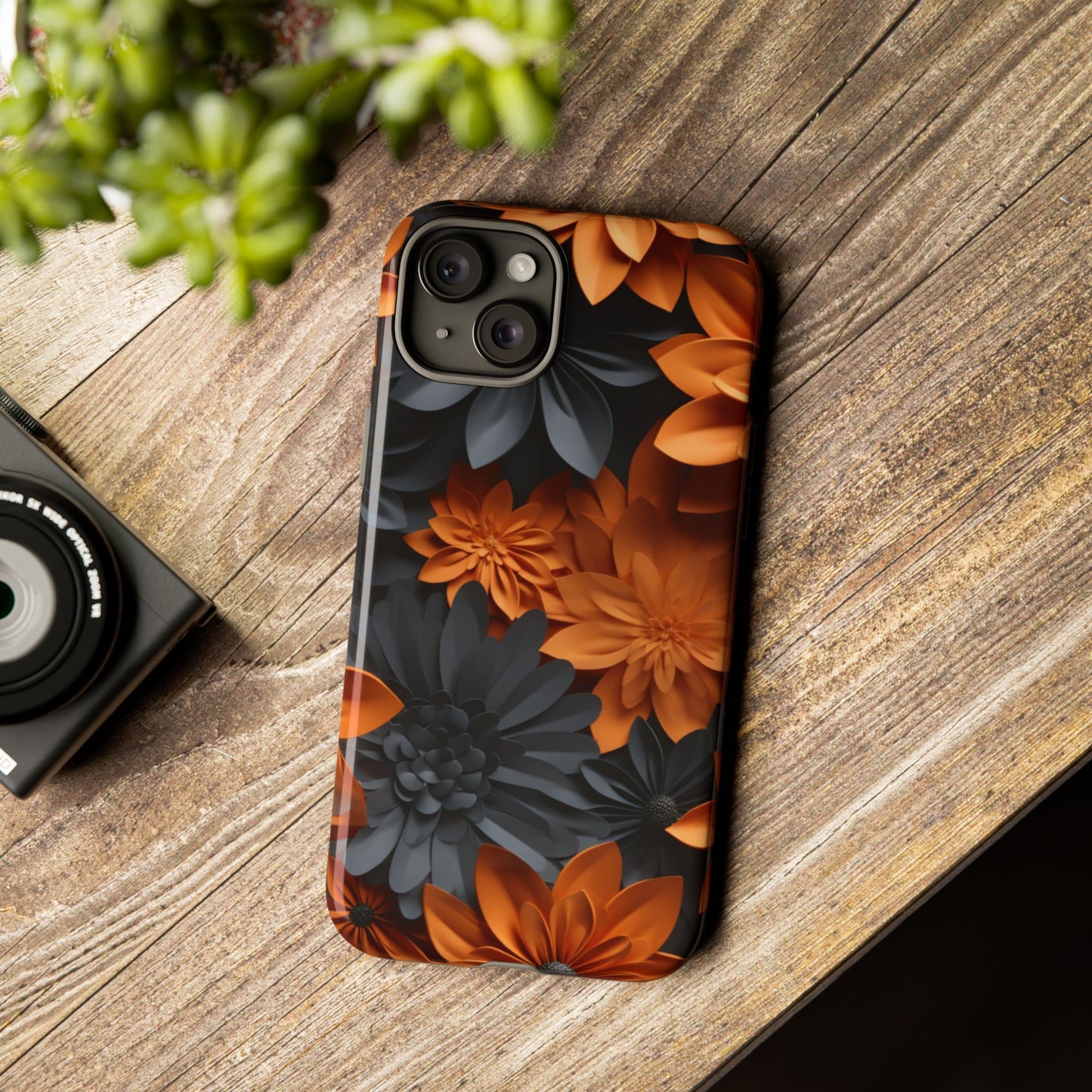 Orange & Black 3D Floral Mobile Case