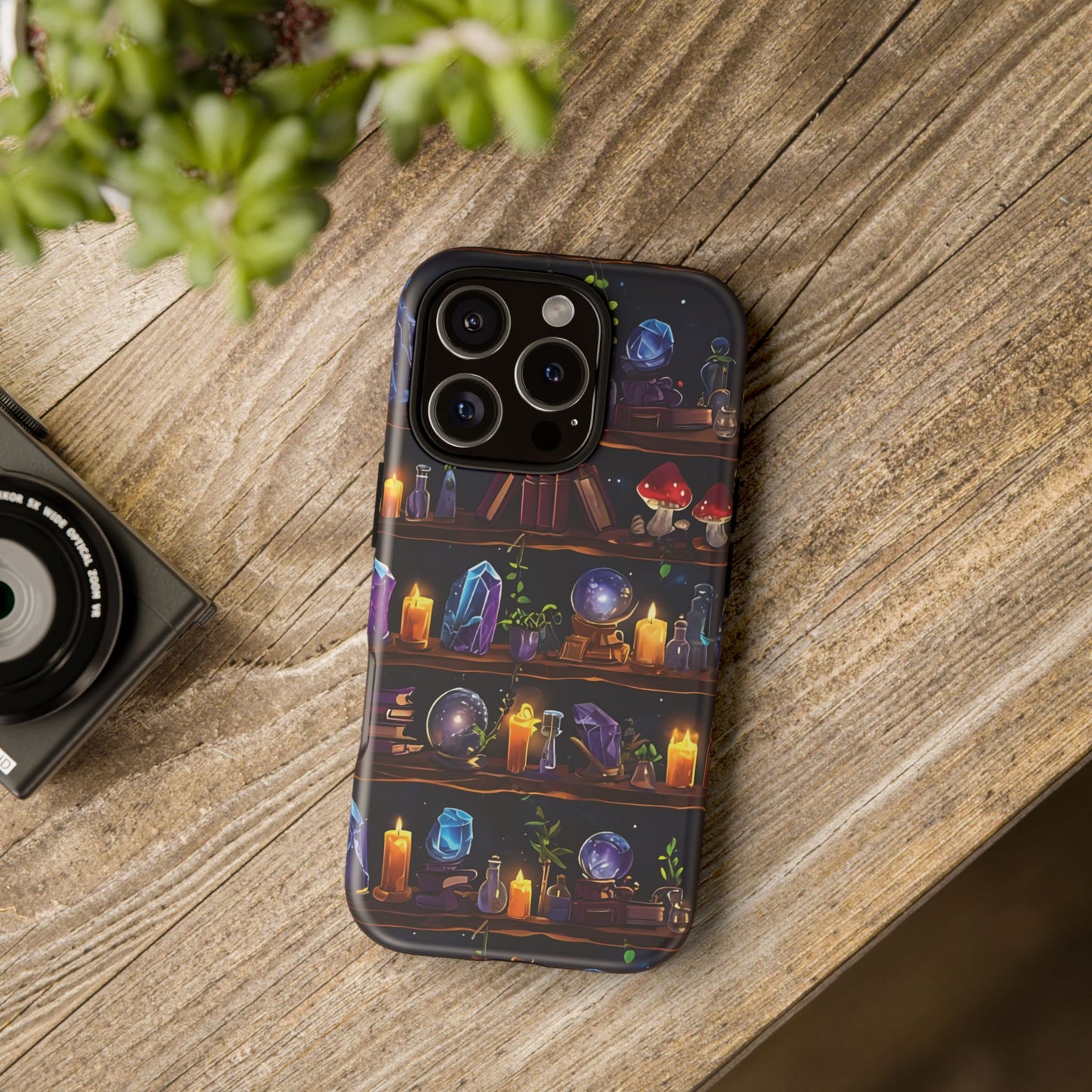 Fantasy Seamless Pattern Of Wooden Shelves Filled With Mystical Items phone case design.