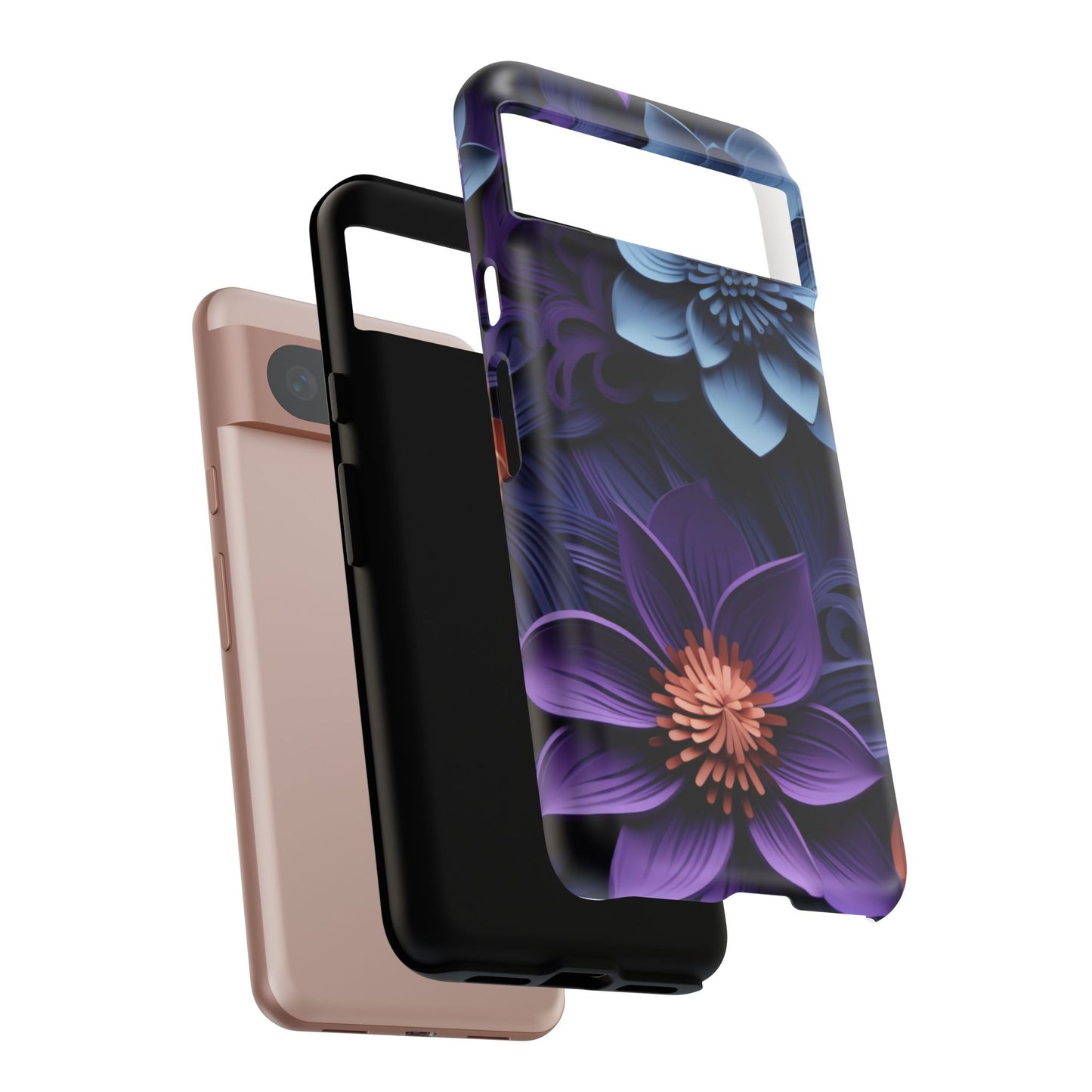 3D Floral Elegance Mobile Case – Midnight Blue & Purple Bloom