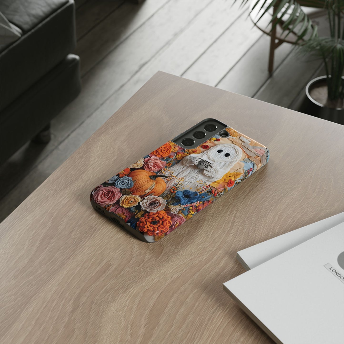 Colorful Whimsical Artwork of Ghost in Autumn Scene phone case design.