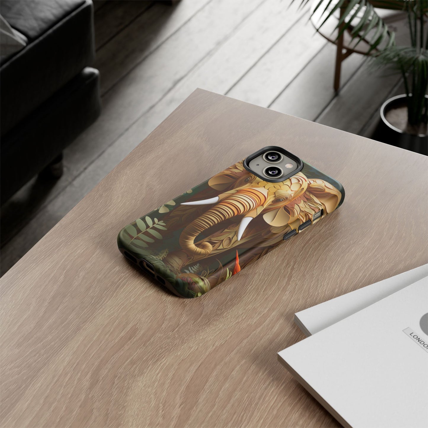 Golden Jungle Elephant Mobile Cover – Intricate Paper Art Design