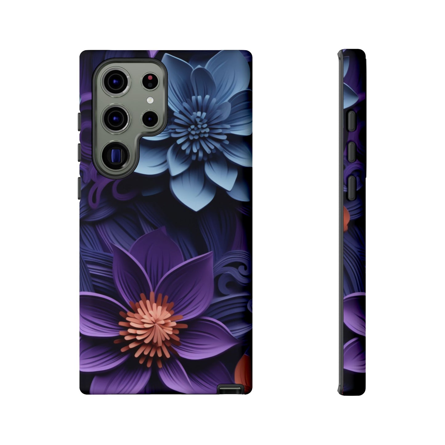 3D Floral Elegance Mobile Case – Midnight Blue & Purple Bloom