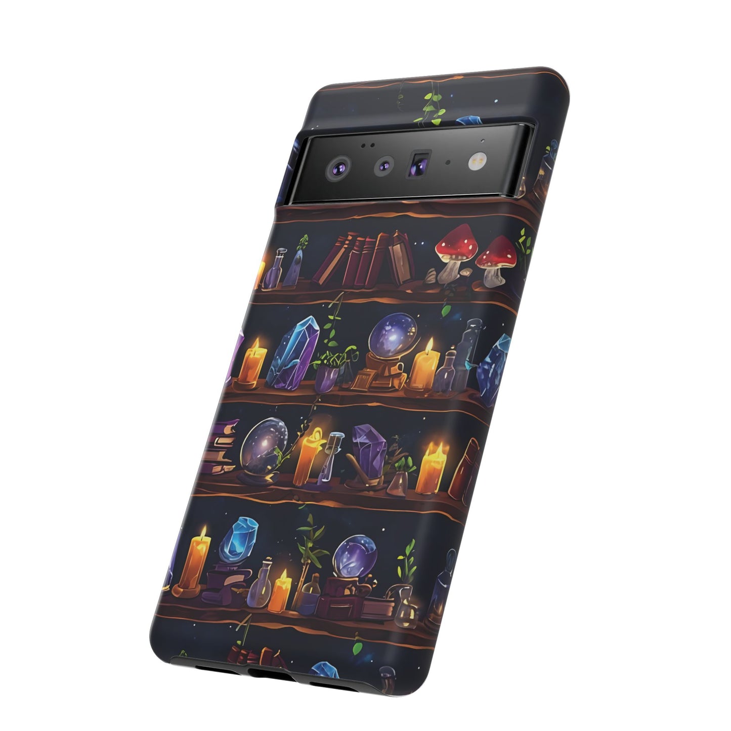Fantasy Seamless Pattern Of Wooden Shelves Filled With Mystical Items phone case design.