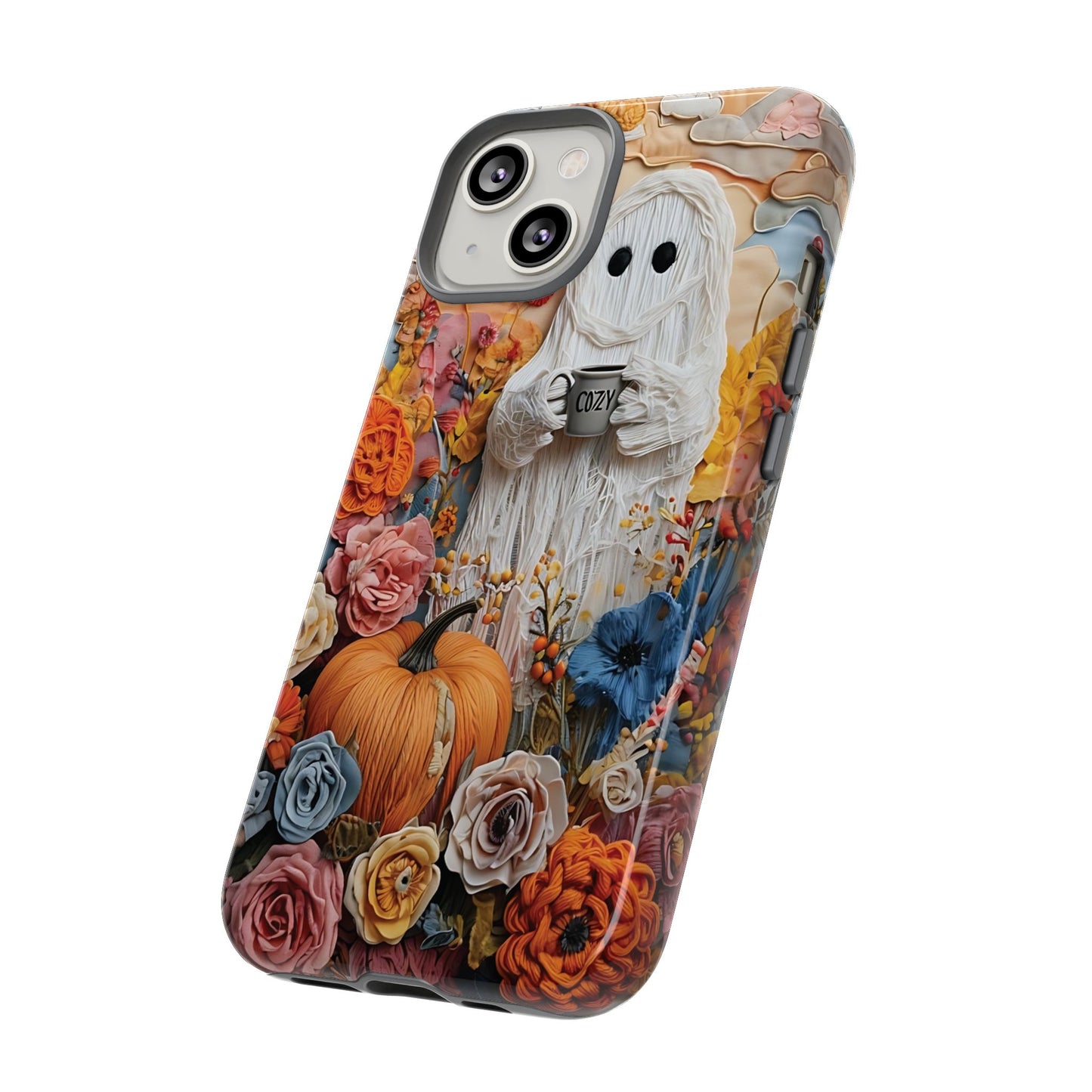 Colorful Whimsical Artwork of Ghost in Autumn Scene phone case design.