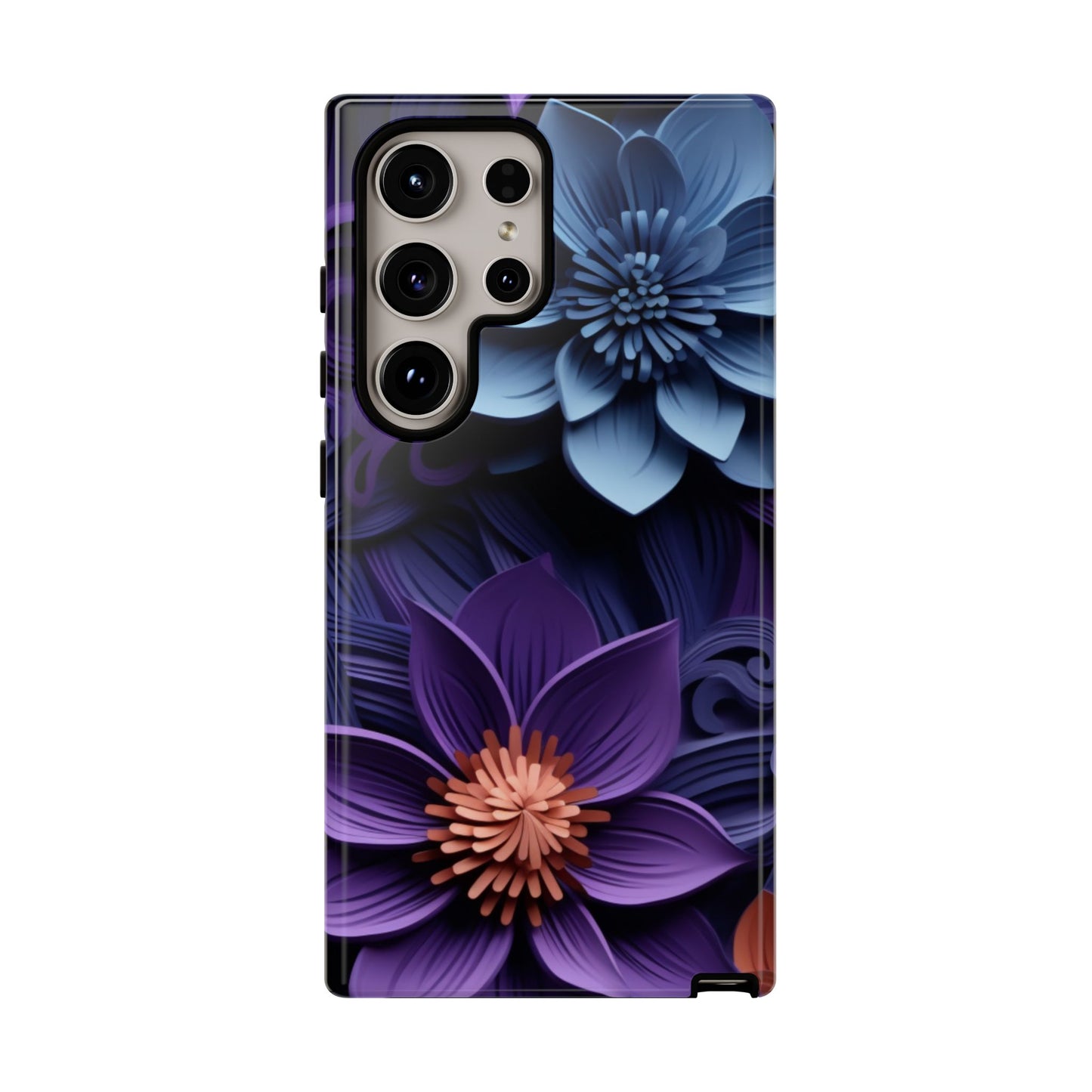 3D Floral Elegance Mobile Case – Midnight Blue & Purple Bloom