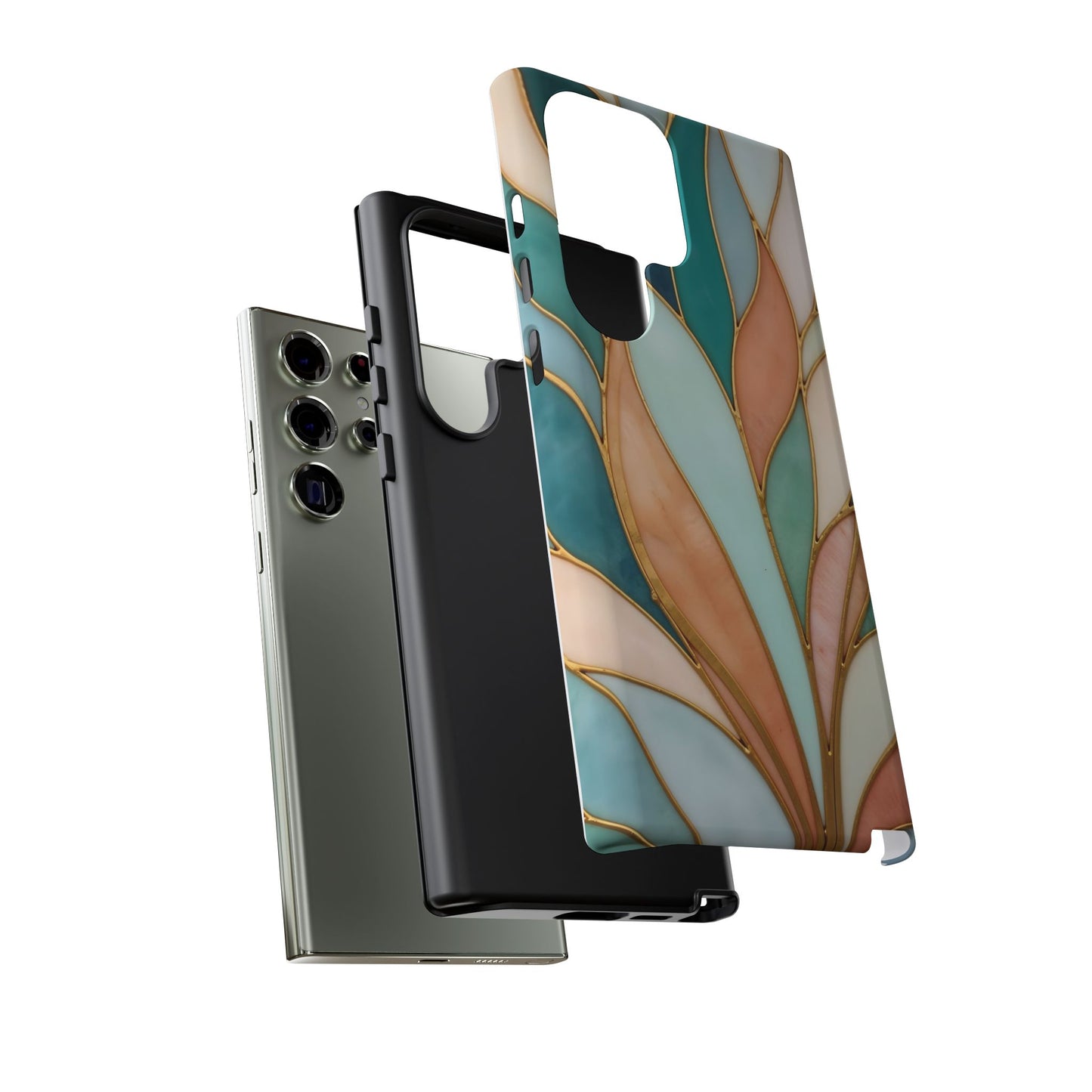 Geometric Leaves: Teal, Peach, and Gold Harmony