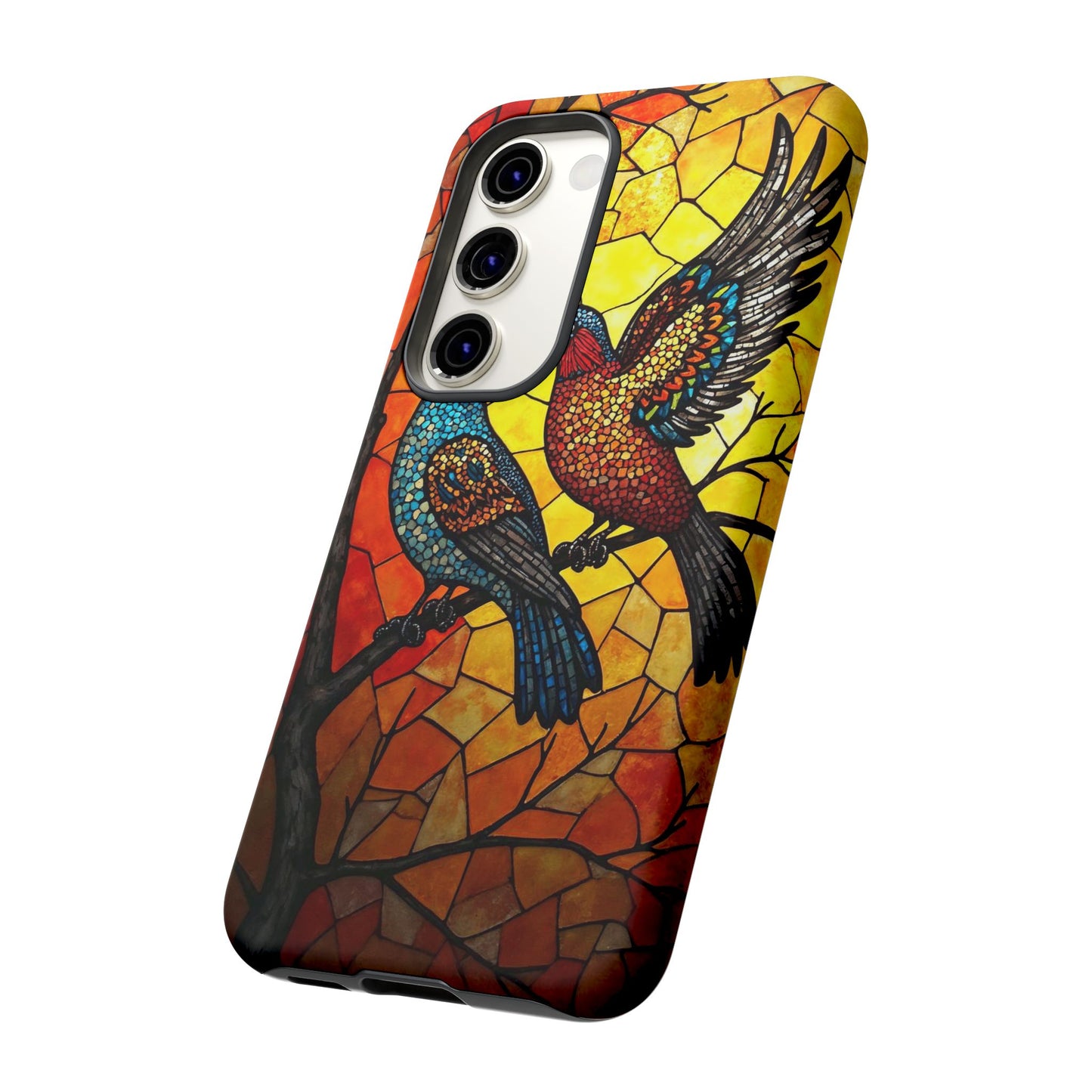 Vibrant Hummingbirds with Stained Glass Charm