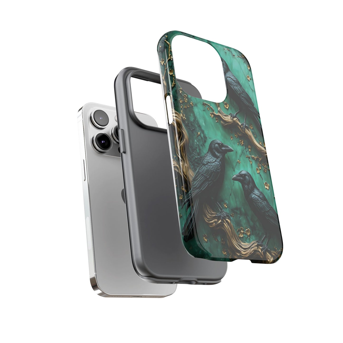 Three Black Ravens Perched On Gold-Accent Branches phone case design