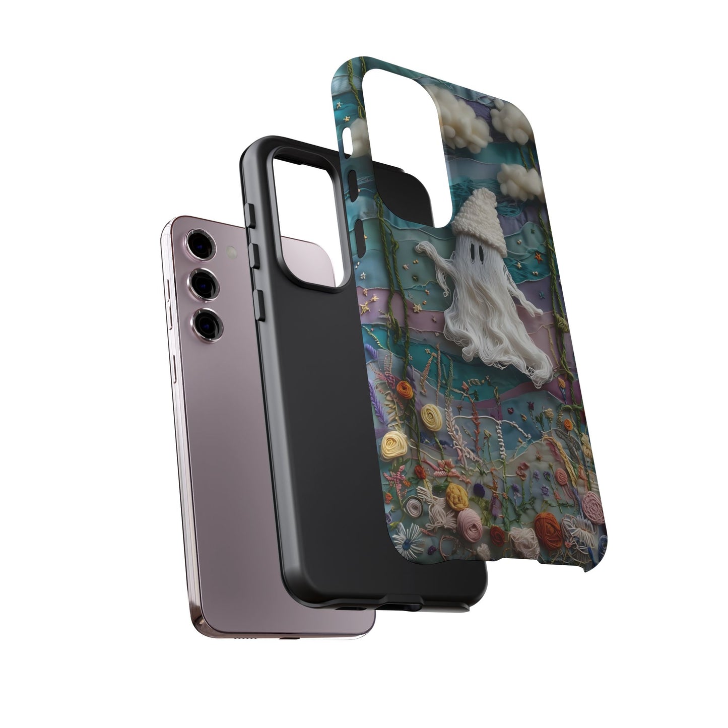 Whimsical Ghost Surrounded By Vibrant Embroidered Flowers phone case design.