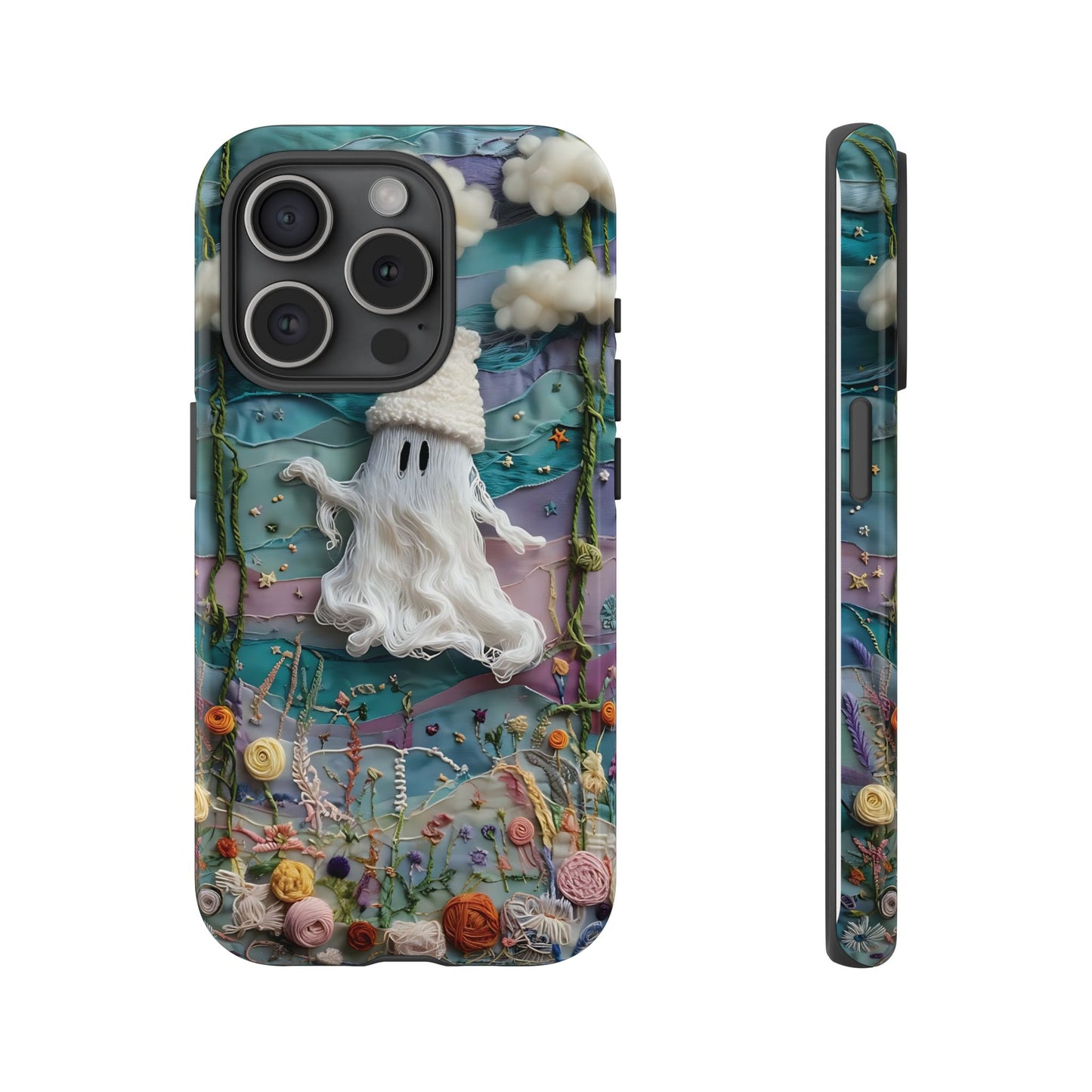 Whimsical Ghost Surrounded By Vibrant Embroidered Flowers phone case design.