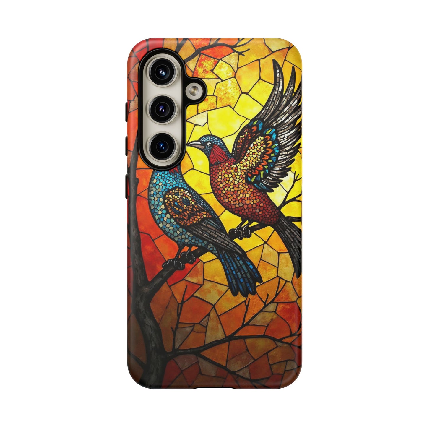Vibrant Hummingbirds with Stained Glass Charm