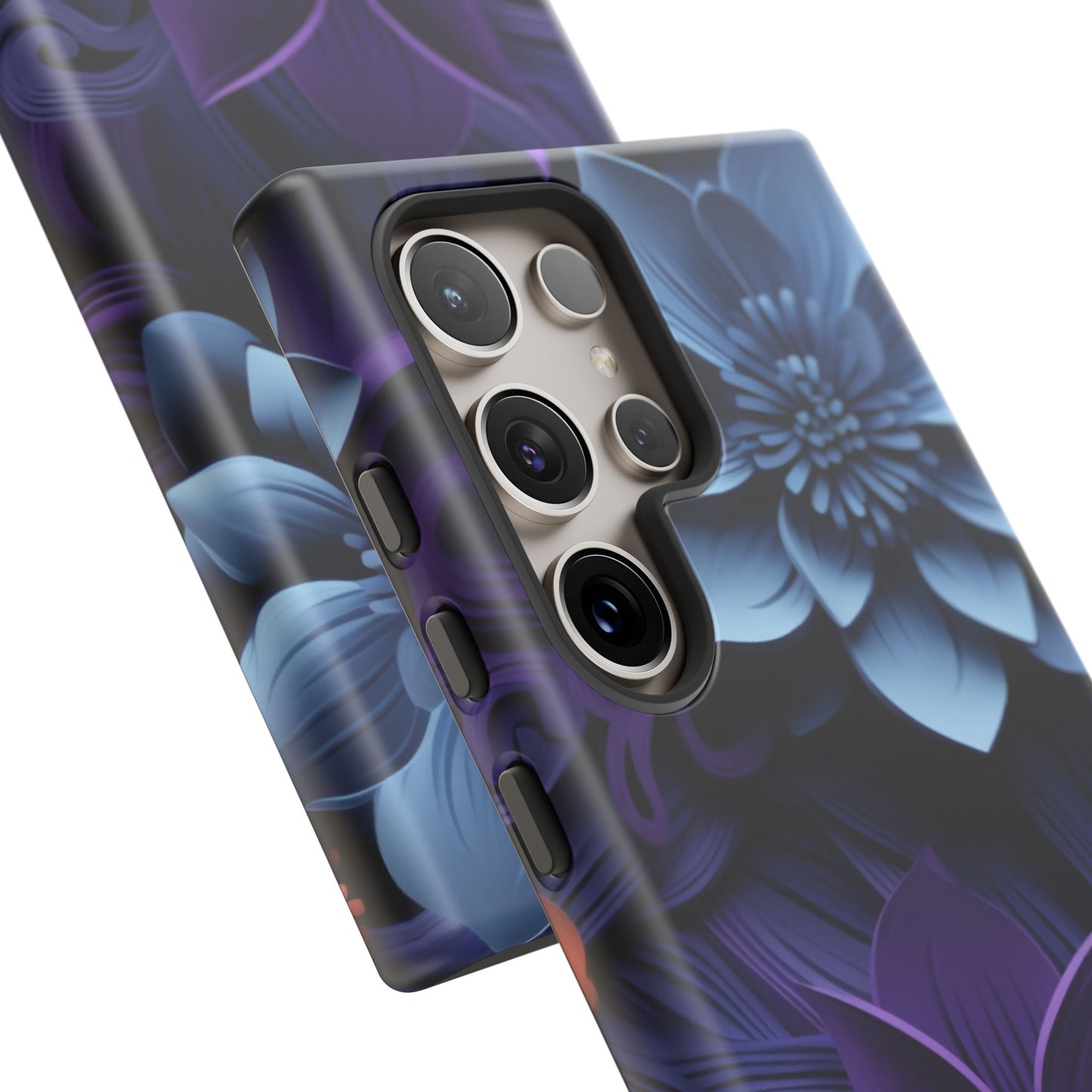 3D Floral Elegance Mobile Case – Midnight Blue & Purple Bloom