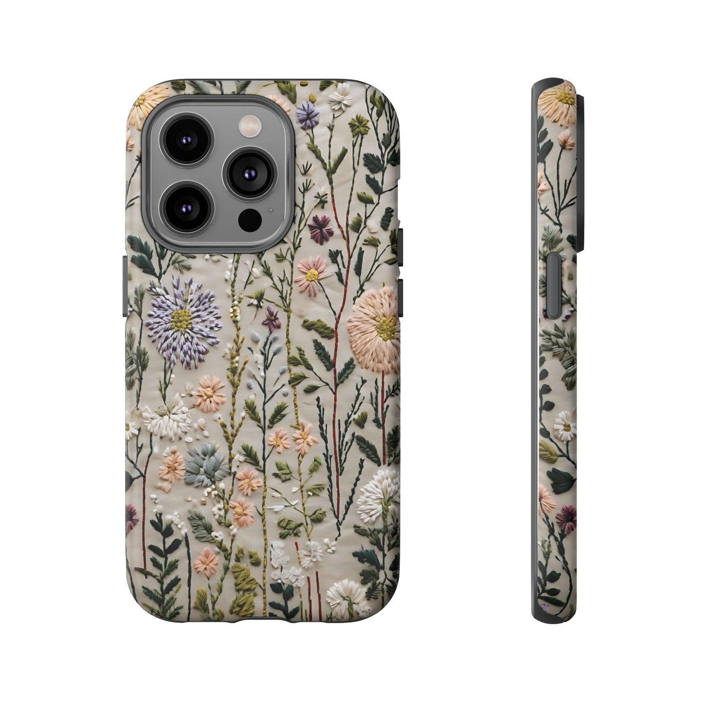 Intricate Embroidery Artwork Featuring Botanical Elements On Beige phone case design.
