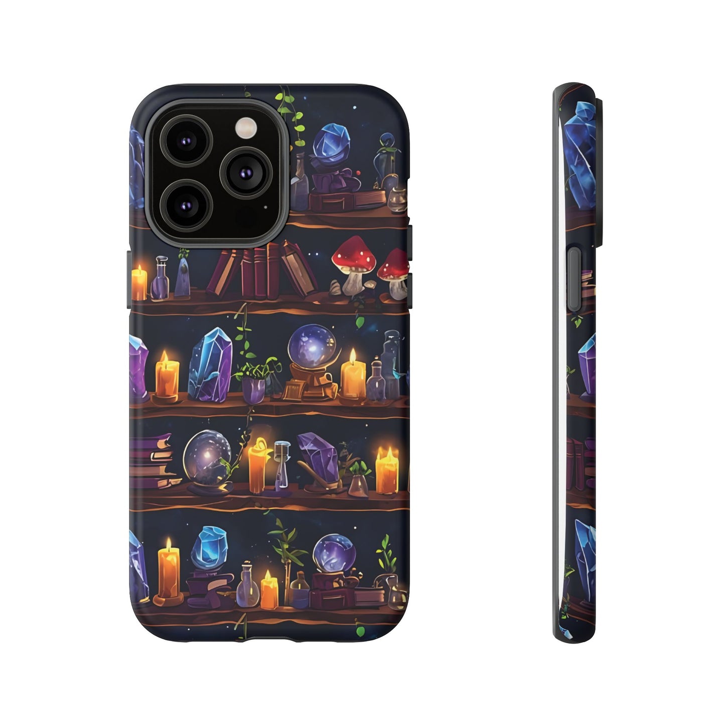 Fantasy Seamless Pattern Of Wooden Shelves Filled With Mystical Items phone case design.