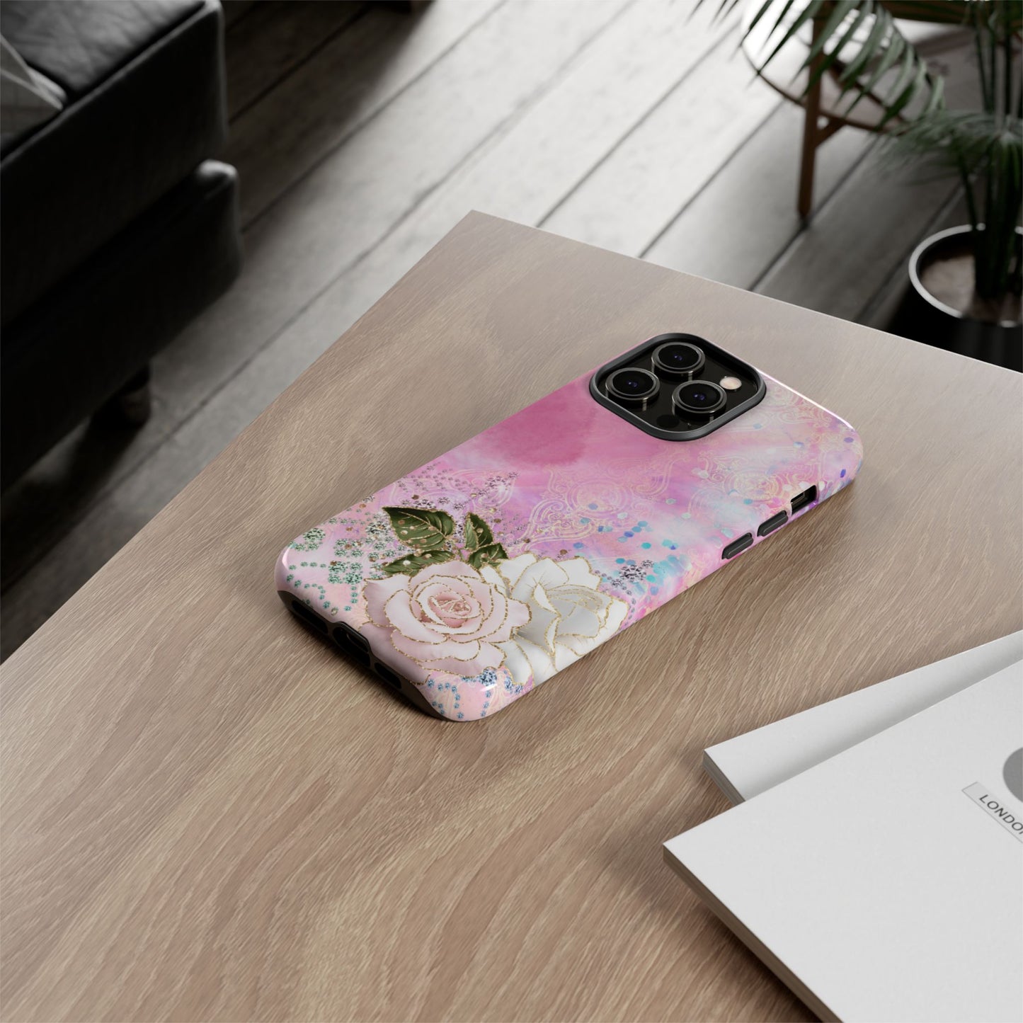 Luxury Pink & White Rose Glitter Mobile Case – Elegant & Shimmering Design