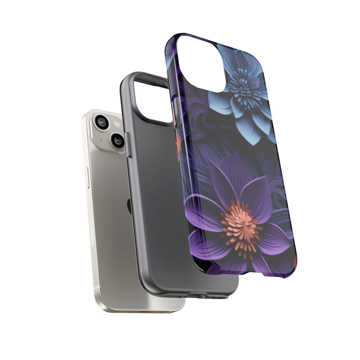 3D Floral Elegance Mobile Case – Midnight Blue & Purple Bloom