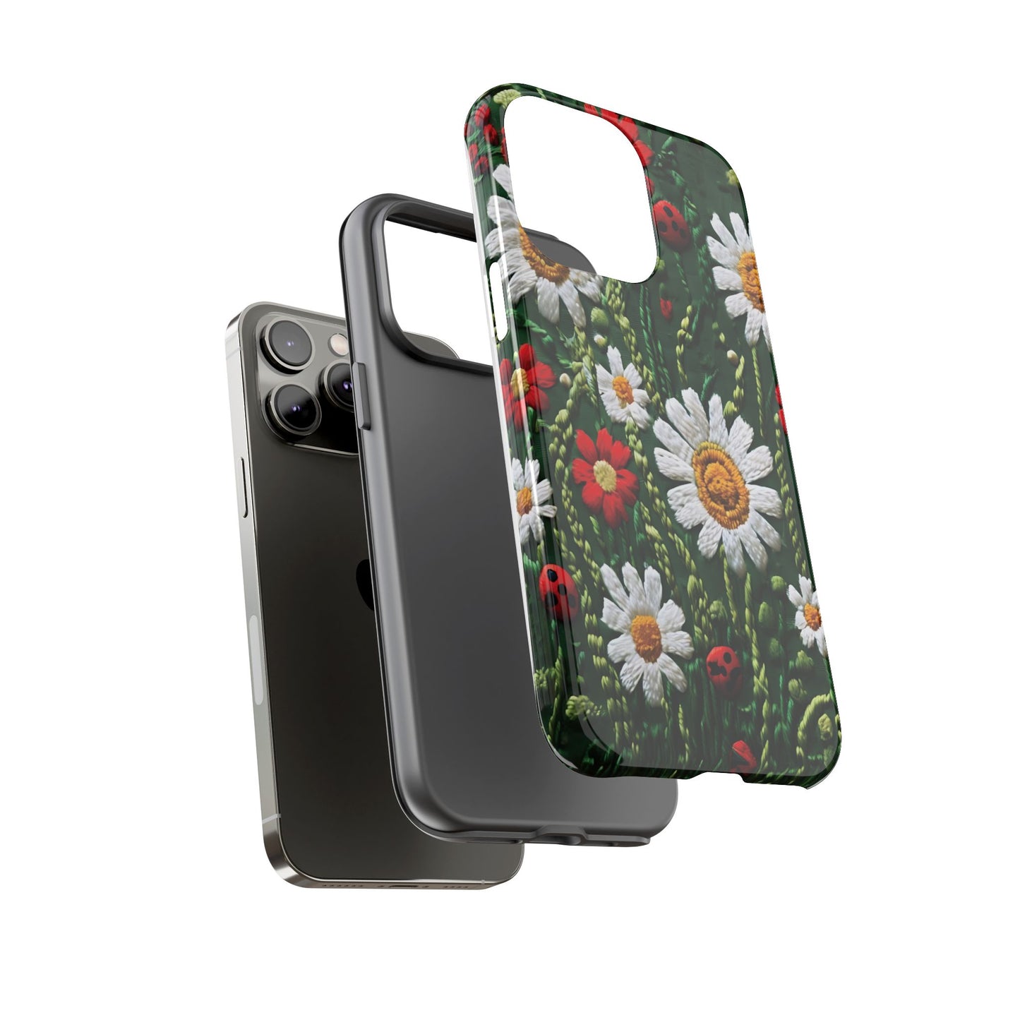 Intricate Embroidered Fabric Featuring Daisies And Ladybugs phone case design