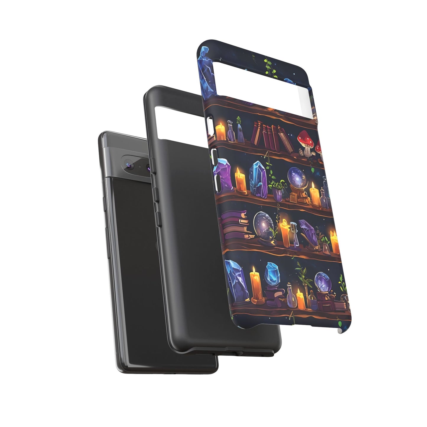 Fantasy Seamless Pattern Of Wooden Shelves Filled With Mystical Items phone case design.