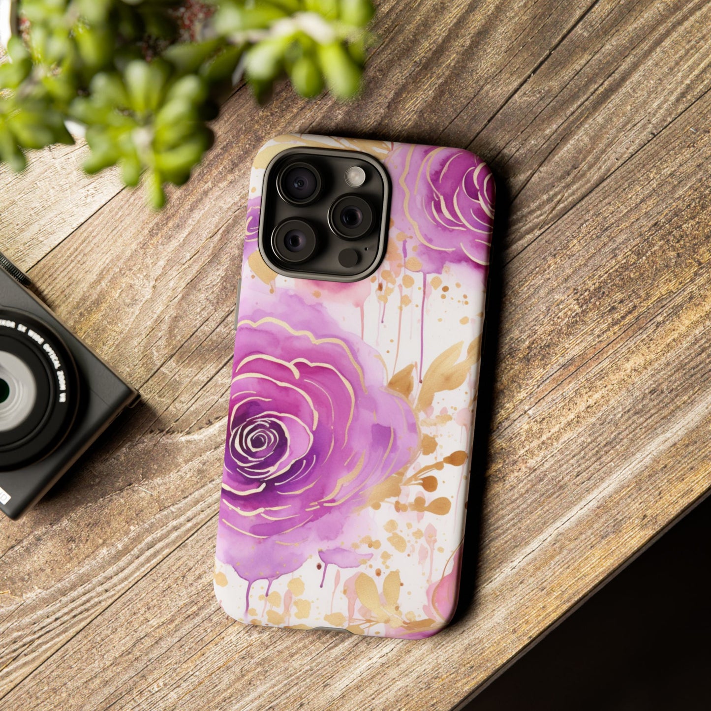 Elegant Purple-Gold Watercolor Rose Mobile Case