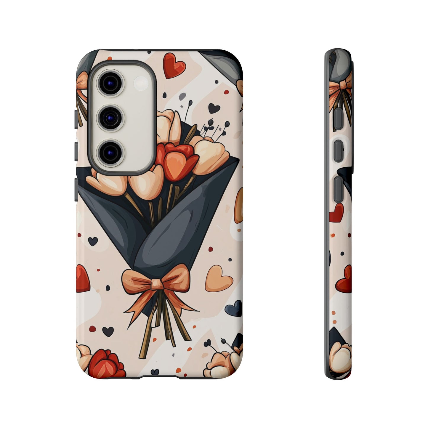 Romantic Bouquet Floral Phone Case for iPhone, Samsung & Pixel | Cute Heart & Flowers Design | Soft Matte Finish