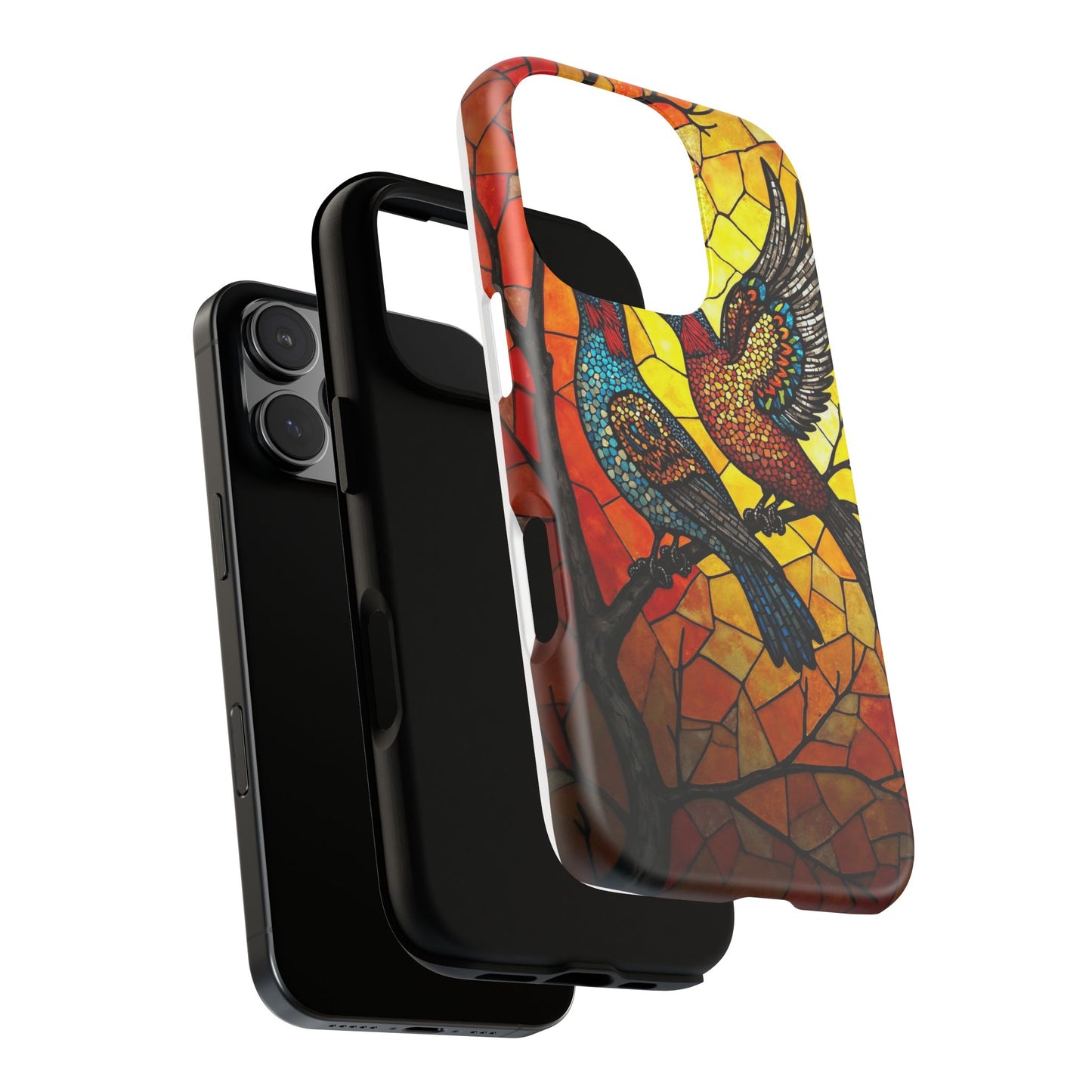 Vibrant Hummingbirds with Stained Glass Charm
