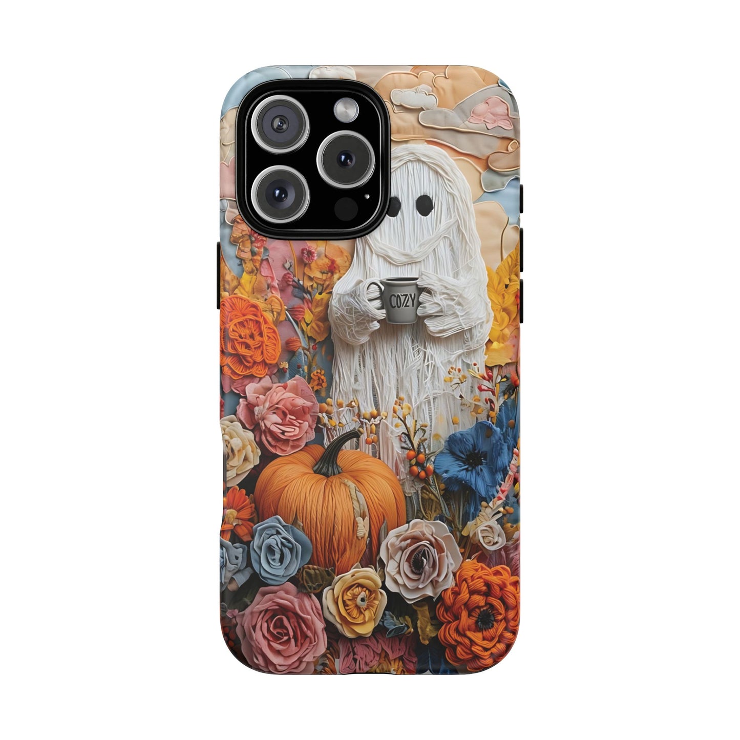 Colorful Whimsical Artwork of Ghost in Autumn Scene phone case design.