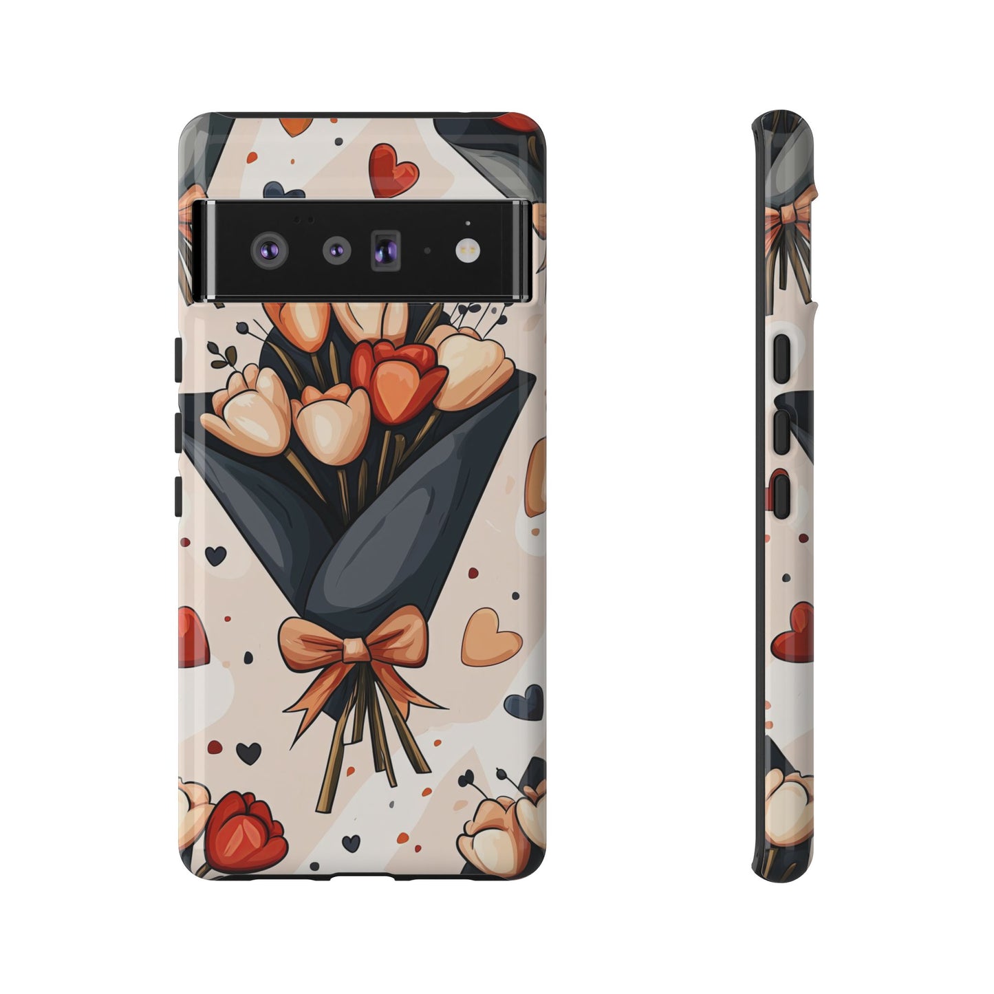 Romantic Bouquet Floral Phone Case for iPhone, Samsung & Pixel | Cute Heart & Flowers Design | Soft Matte Finish