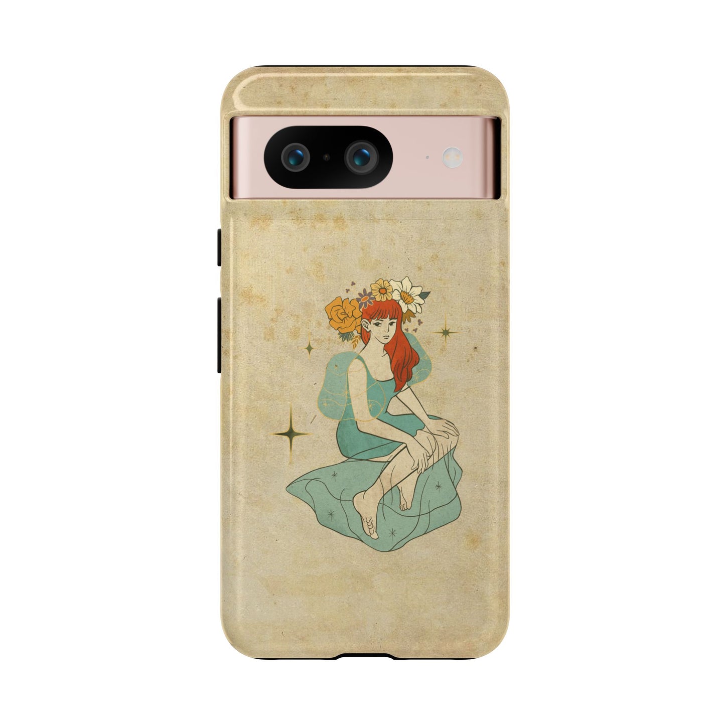 Vintage Aesthetic Phone Case – Cute Girl with Flower Crown | Minimal Beige Cover for iPhone, Samsung & Pixel