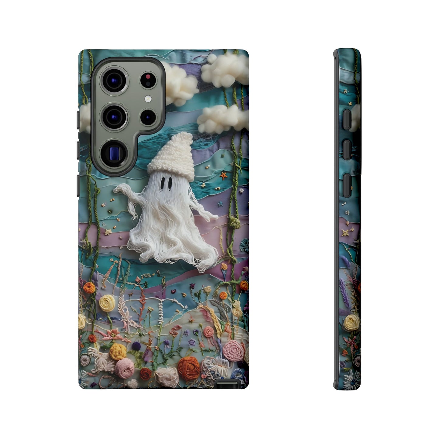 Whimsical Ghost Surrounded By Vibrant Embroidered Flowers phone case design.