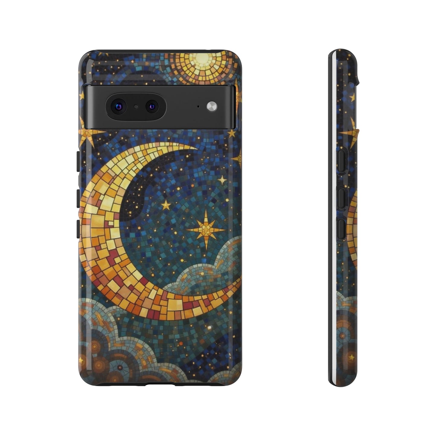 Golden Crescent: Mosaic Moon and Starry Night