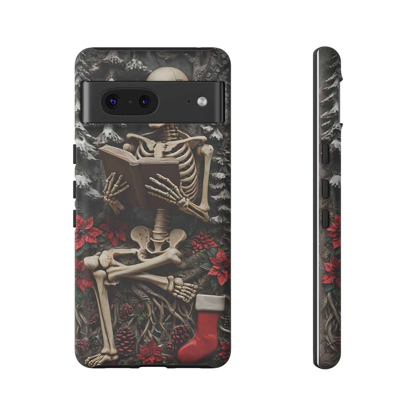 Surreal Relief Sculpture of Skeleton Reading Amidst Festive Decor phone case design