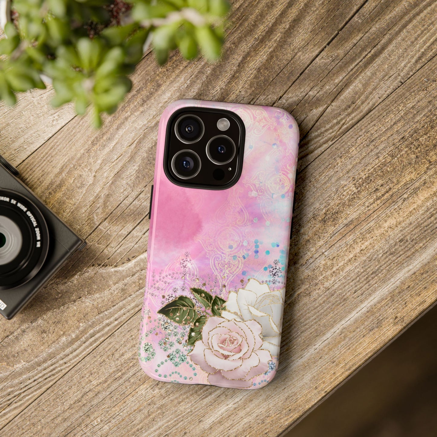 Luxury Pink & White Rose Glitter Mobile Case – Elegant & Shimmering Design